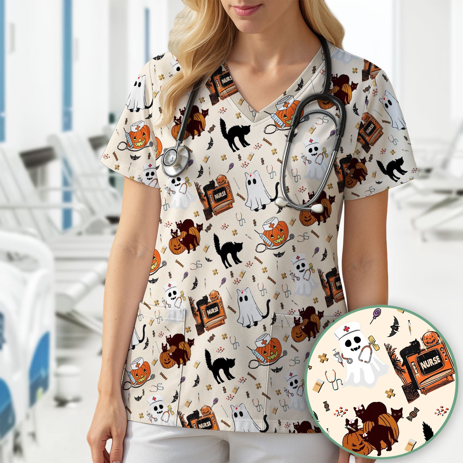 Halloween Scrub Top for Nurse - Cute Pumpkin Ghost Cat Medical Shirt - Spooky Scrubs for Women RN CNA LPN