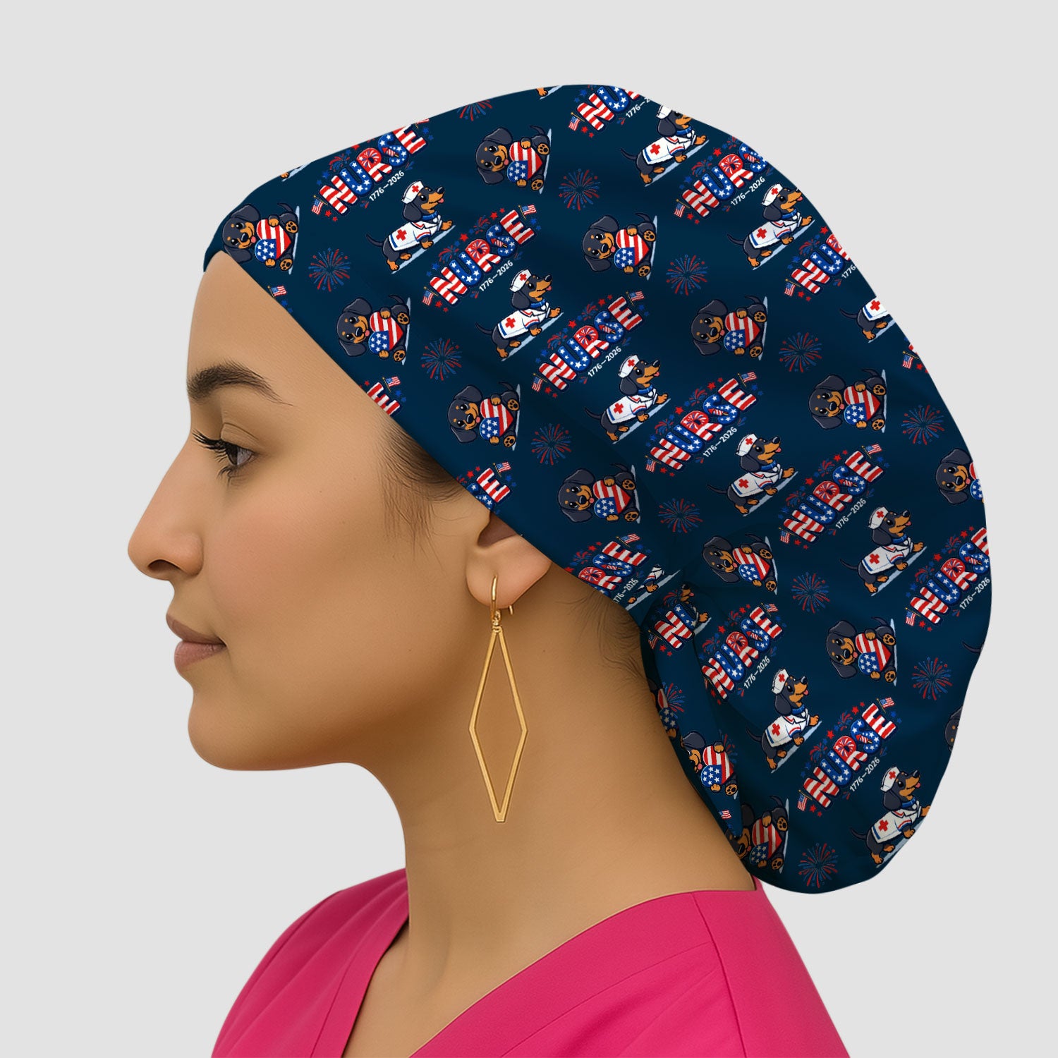 Proud Nurse Patriotic Dachshund Medical Firework Pattern Cap, Bouffant Scrub Caps for Women