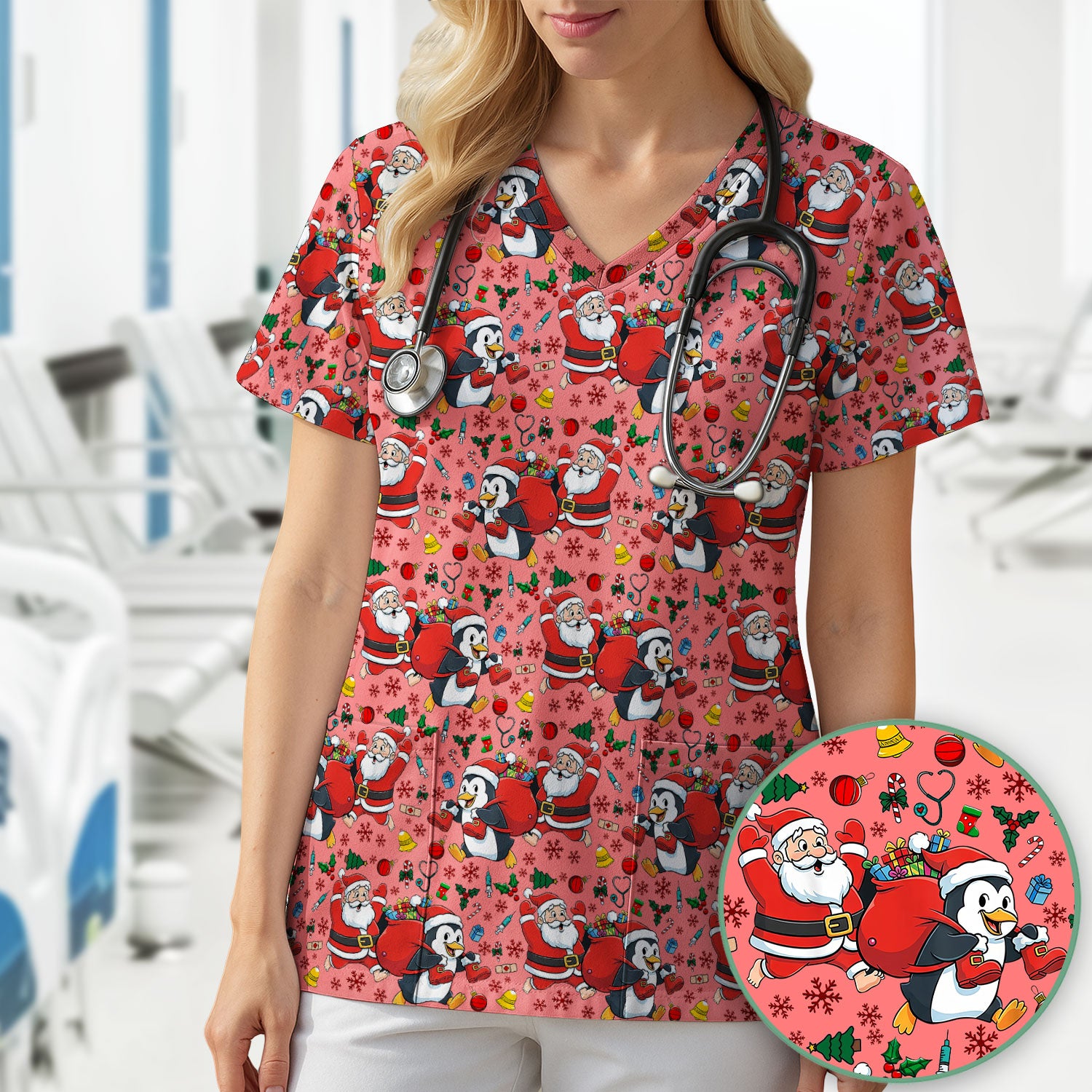 Funny Penguin Christmas Scrub Top - Santa Holiday Nurse Uniform for Women - Medical Gift for RN CNA LPN