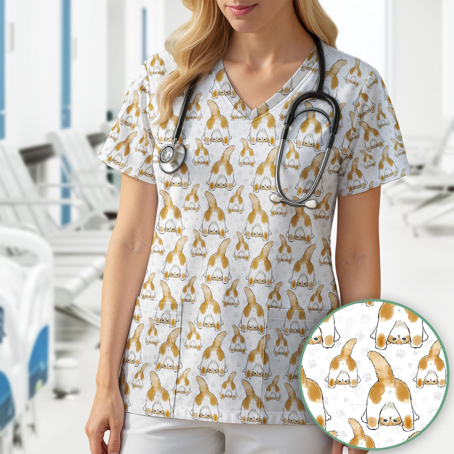 Cute Cat Butt Nurse Scrub Top, Cat Pattern Medical Shirt For Pet Lover, Breathable Fabrics Nursing Uniform
