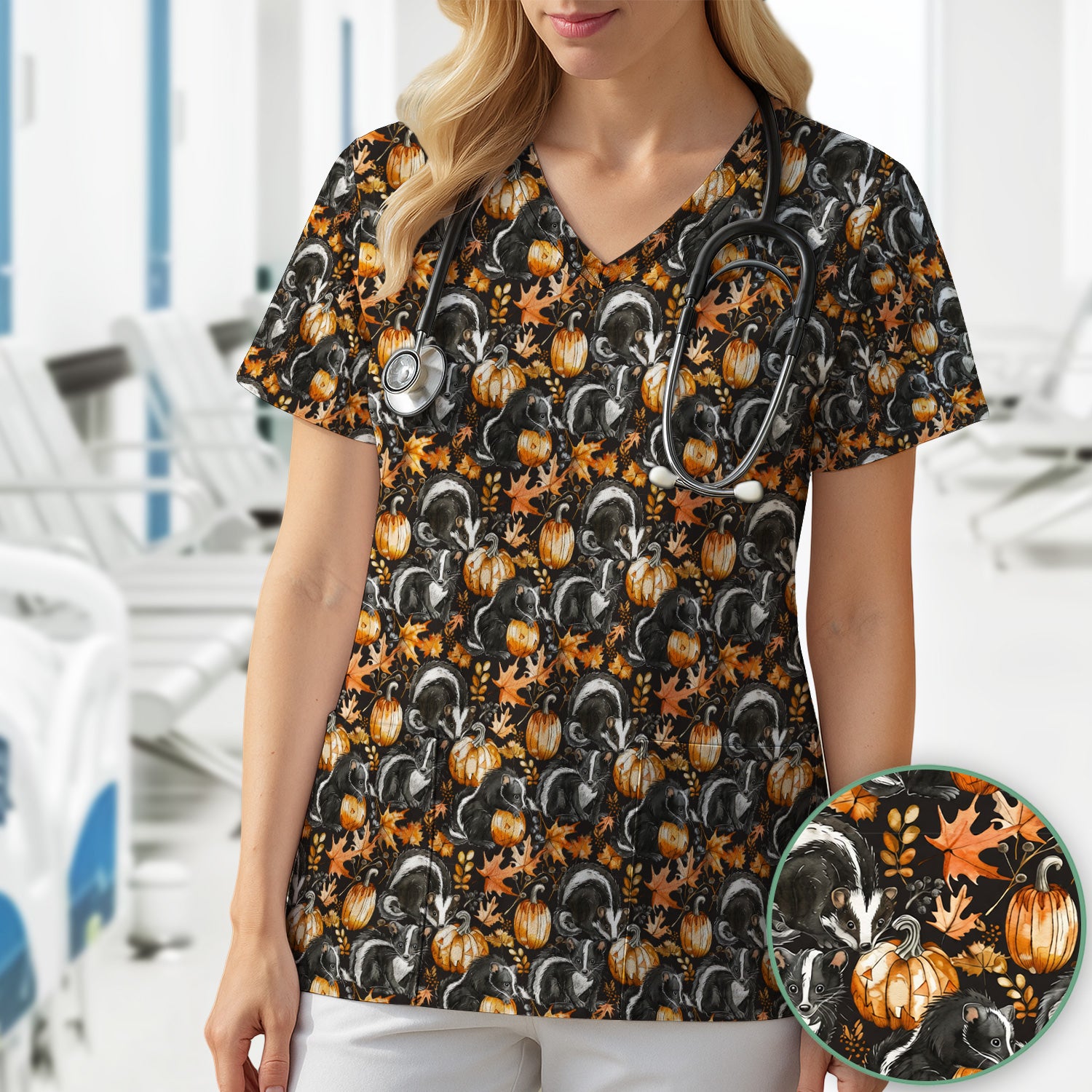 Skunk Pumpkin with Autumn Leaves Pattern Scrub Top, Comfortable Scrubs for Nurses