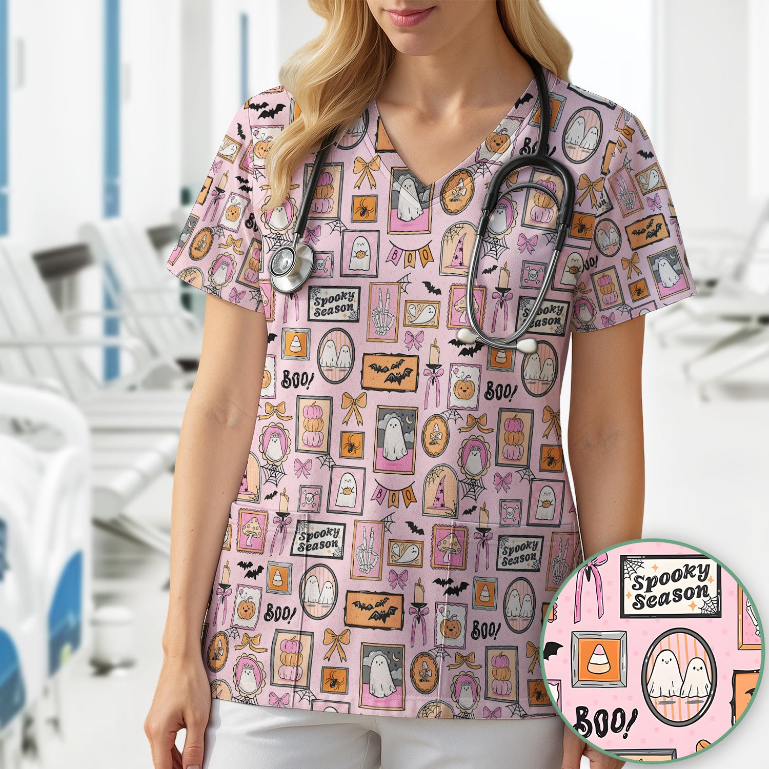 Pink Halloween Ghost Gallery Print Scrub Top, Comfortable Scrubs for Nurses