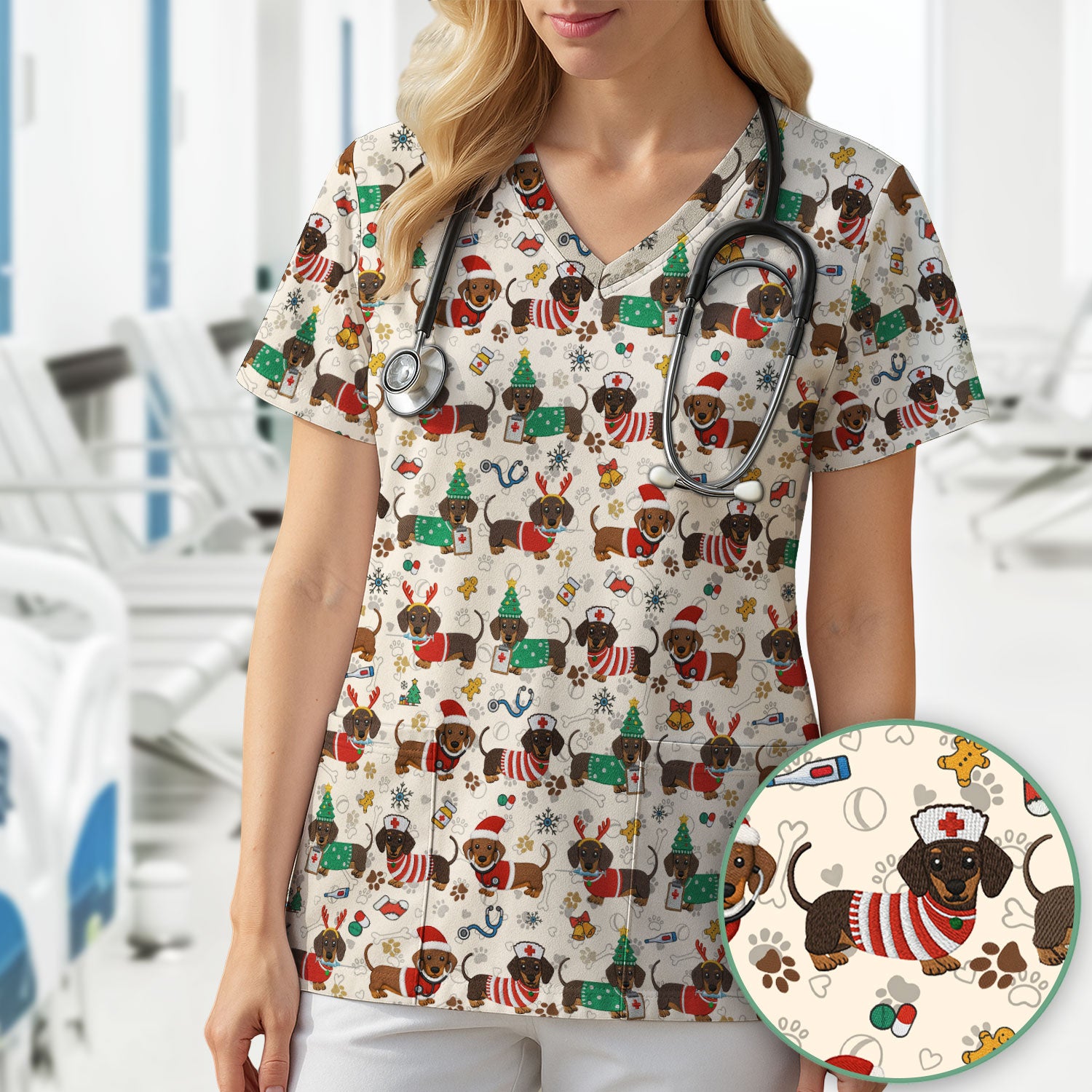 Christmas Dachshund Scrub Top for Nurses - Cute Wiener Dog Pattern Medical Shirt - Festive Holiday Scrubs Gift for Women RN CNA LPN