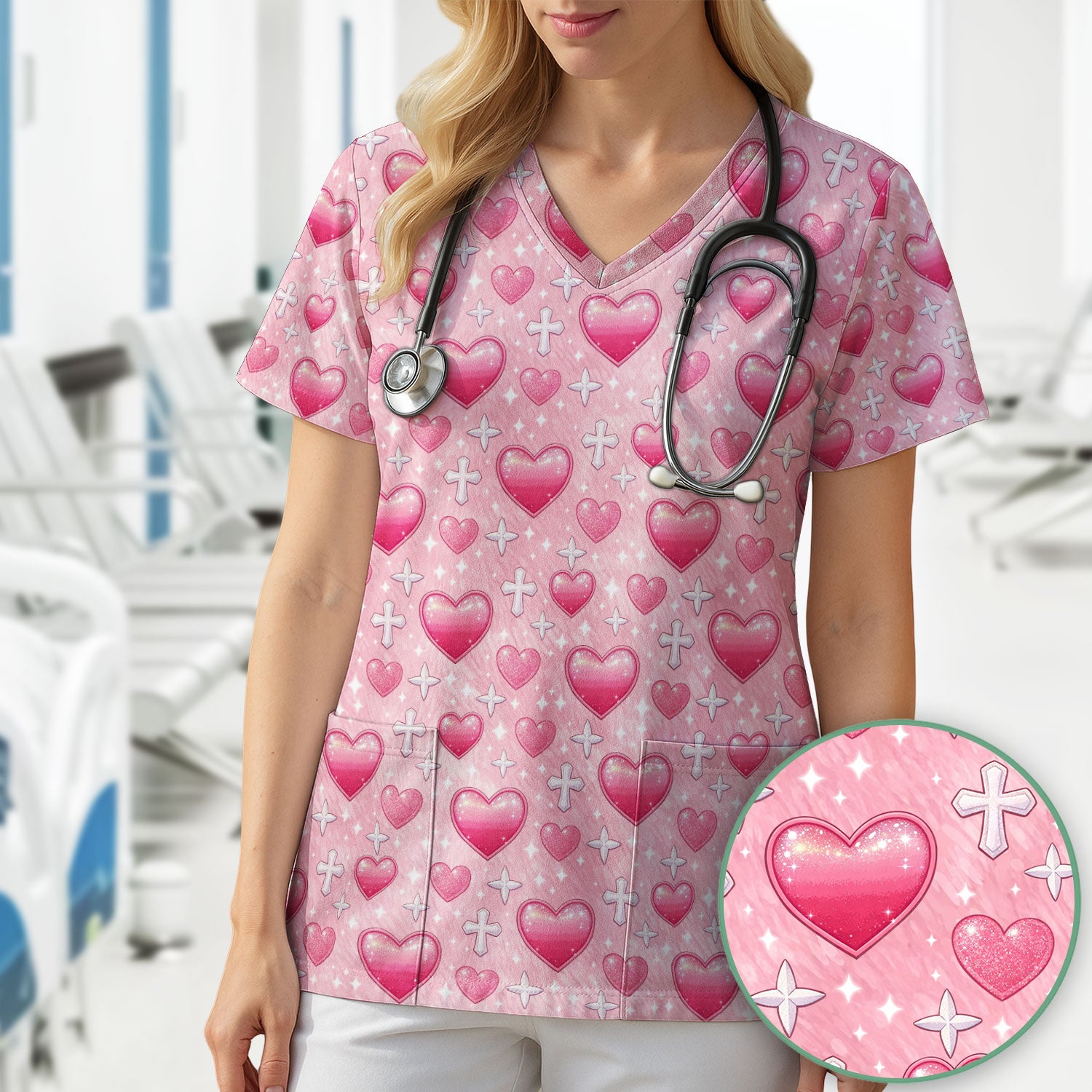 Pink Heart & Cross Pattern Scrub Top, Comfortable Scrubs for Nurses Uniform, Valentine's Day gift