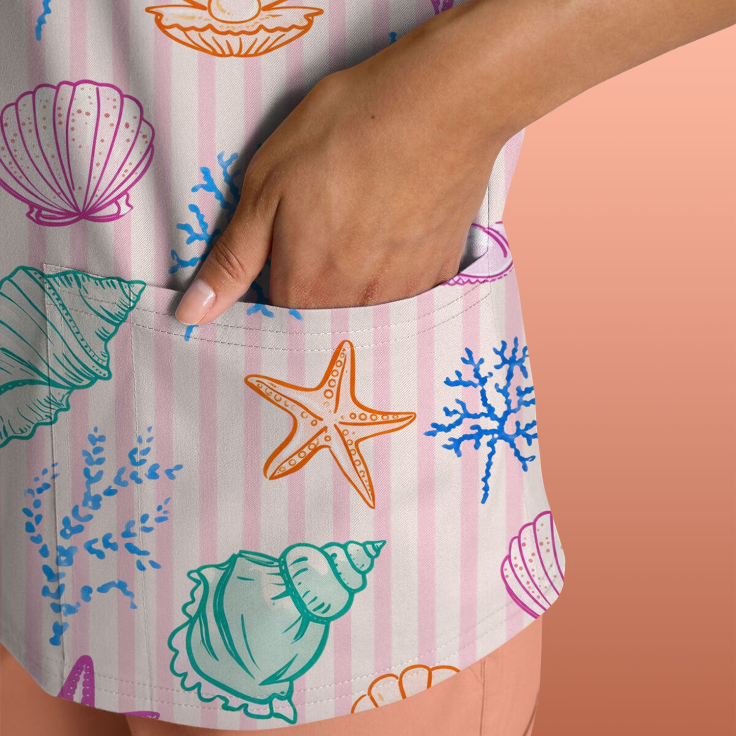 Colorful Seashell Starfish Ocean Stripe Pattern Scrub Top, Breathable Fabrics Nursing Uniform