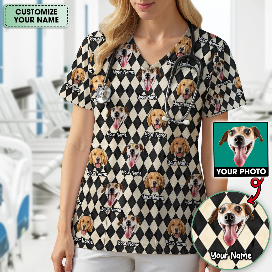Personalized Pet Portrait Argyle Scrub Top, Comfortable Scrubs for Nurses