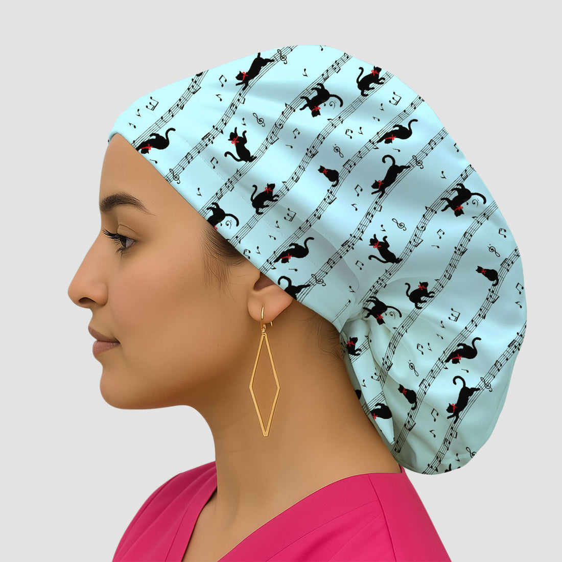Cute Dancing Black Cat Music Staff Pattern Scrub Cap, Bouffant Scrub Caps for Women