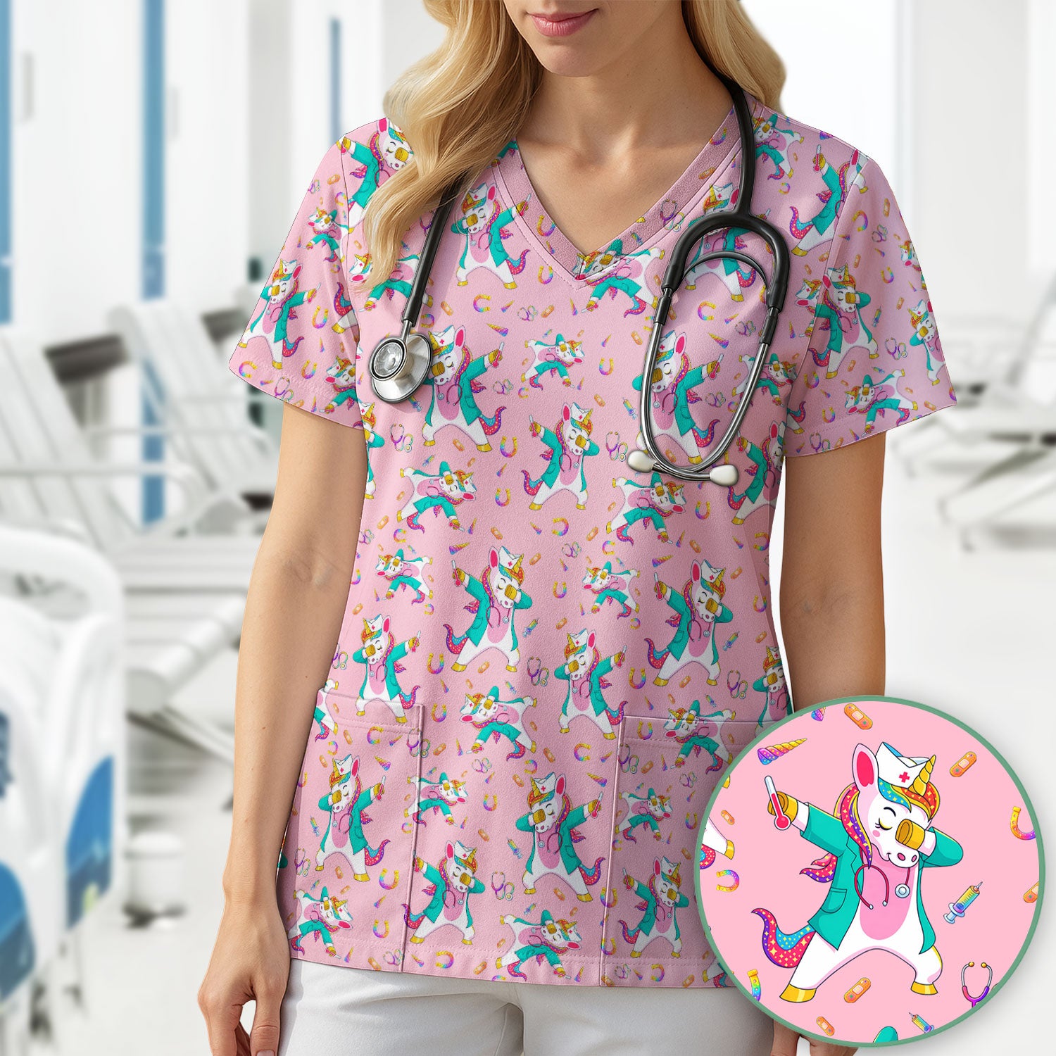 Cute Unicorn Nurse Dance Pattern Scrub Top, Breathable Fabrics Nursing Uniform