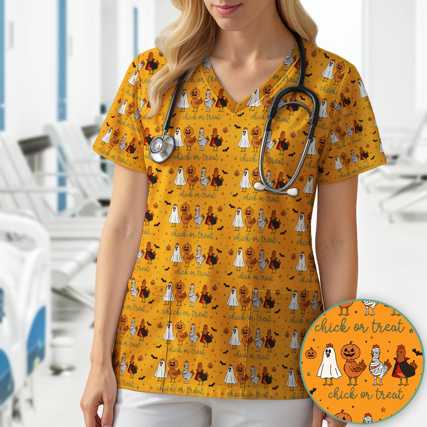 Funny Chick Or Treat Season Scrub Top, Comfortable Scrubs for Nurses