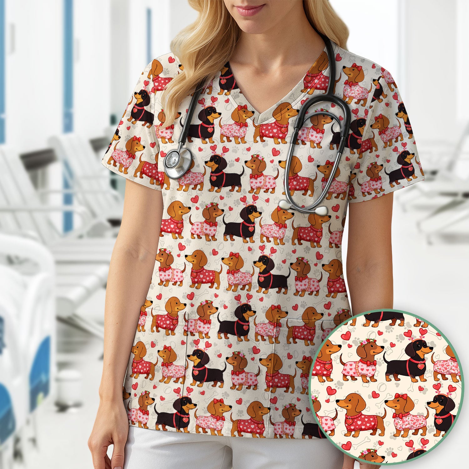 Valentine Dachshund Scrub Top, Wiener Dog Love Pattern Nurse Shirt, Breathable Fabrics Nursing Uniform