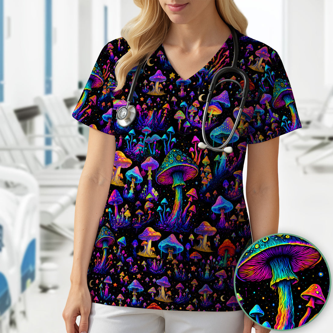Neon Fantasy Mushroom Print Scrub Top, Comfortable Scrubs for Nurses