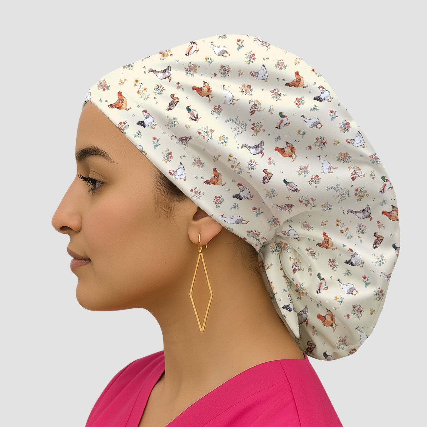 Farm Chicken Duck Floral Pattern Caps, Bouffant Scrub Caps for Women
