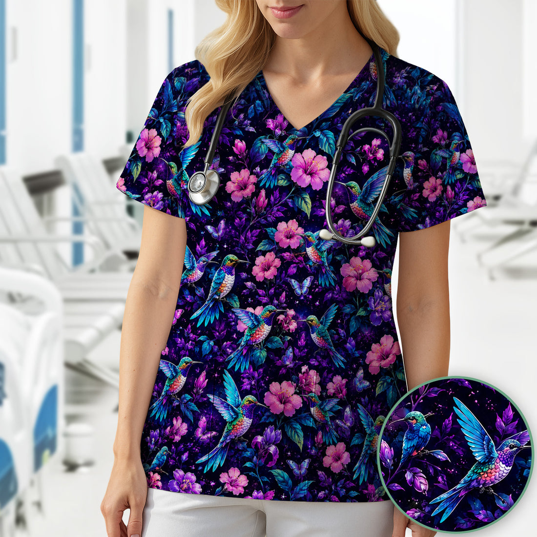 Vibrant Hummingbird Hibiscus Blossom Pattern Scrub Top, Comfortable Scrubs for Nurses
