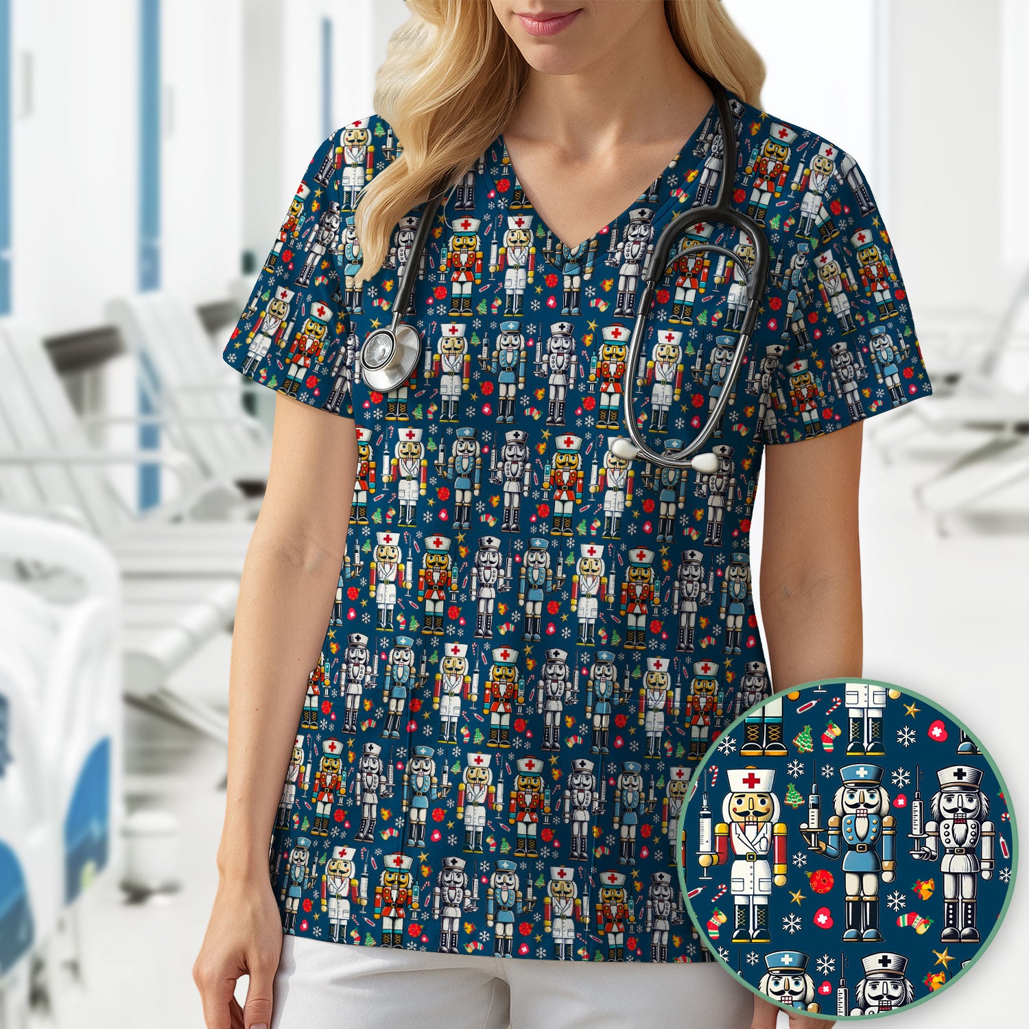 Funny Nutcracker Christmas Scrub Top – Cute Holiday Nurse Pattern Shirt – Festive Medical Uniform for RN, LPN, CNA, and Healthcare Workers