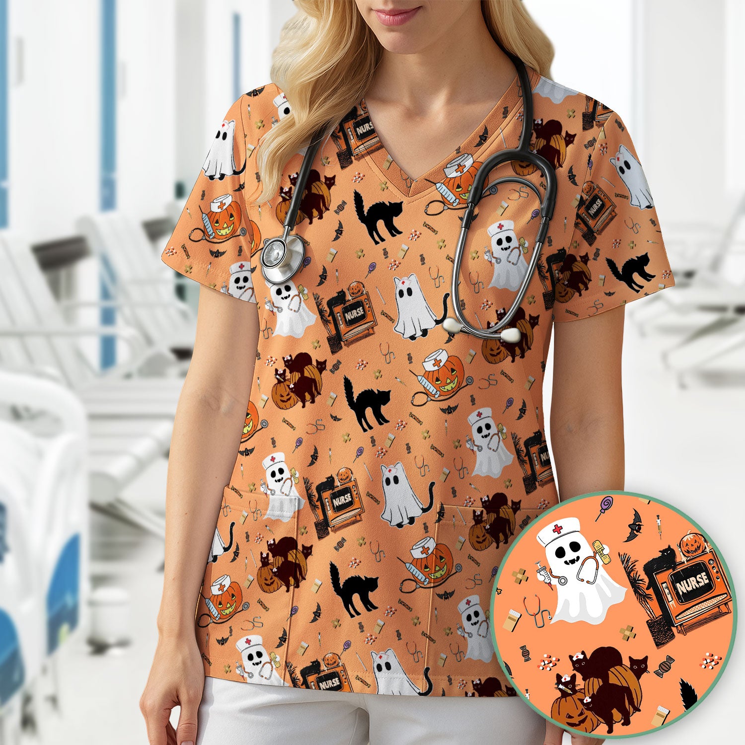 Halloween Scrub Top for Nurse - Cute Pumpkin Ghost Cat Medical Shirt - Spooky Scrubs for Women RN CNA LPN