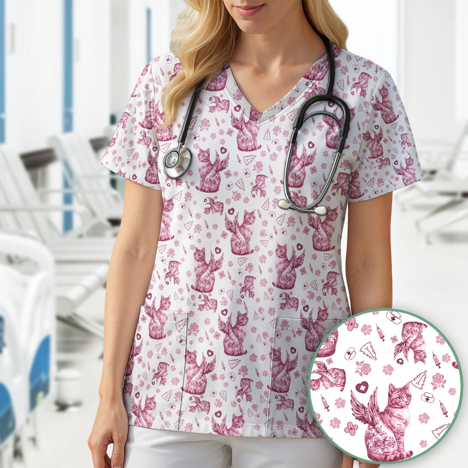 Toile de Jouy Cat Angel Scrub Top - Blue Vintage Nurse Shirt - French Style Medical Uniform for Women RN LPN CNA Gift