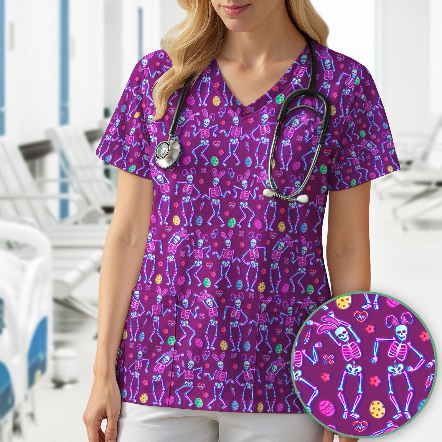 Neon Easter Skeleton Pattern Scrub Top, Comfortable Scrubs for Nurses