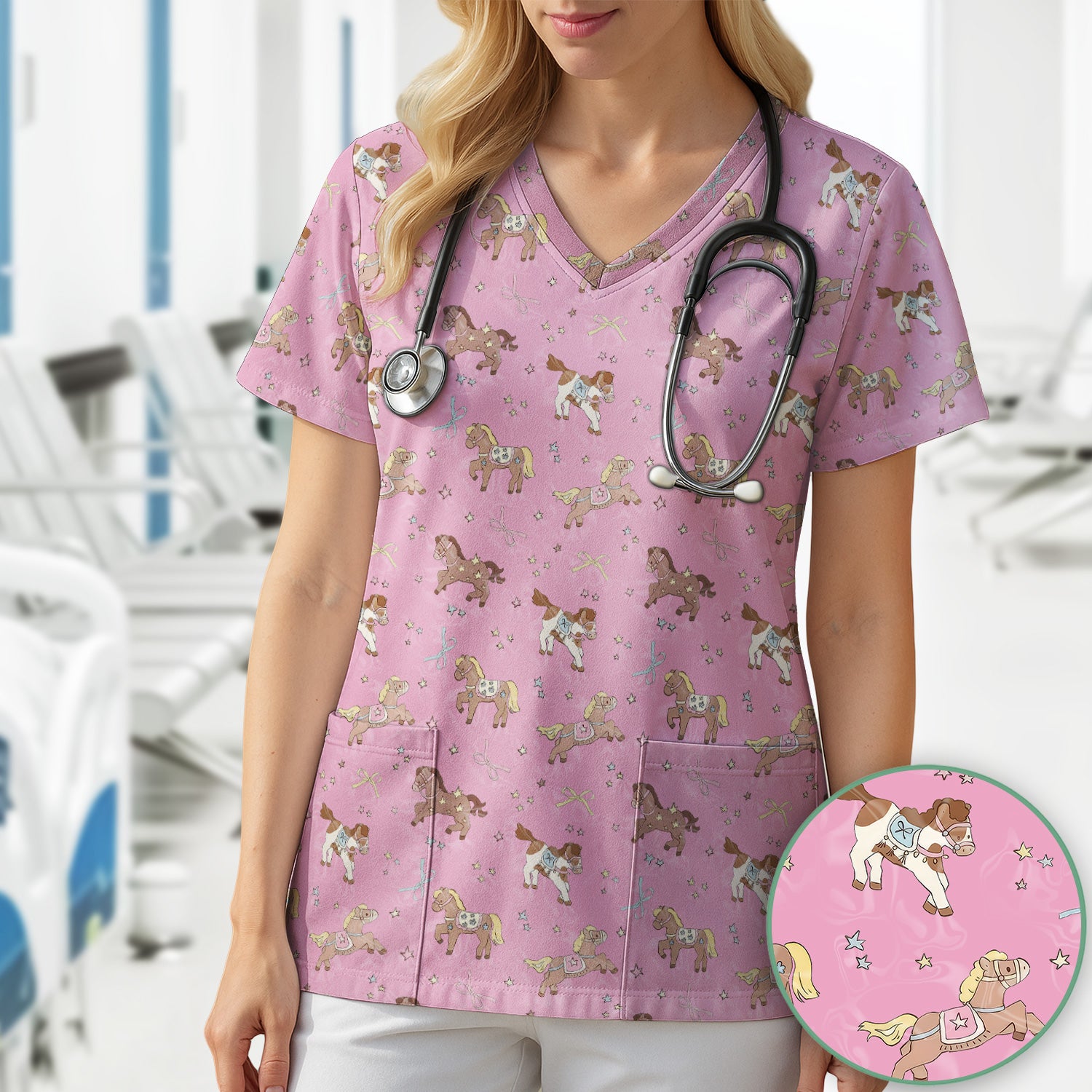 Cute Pony Star Pattern Scrub Top, Comfortable Scrubs for Nurses