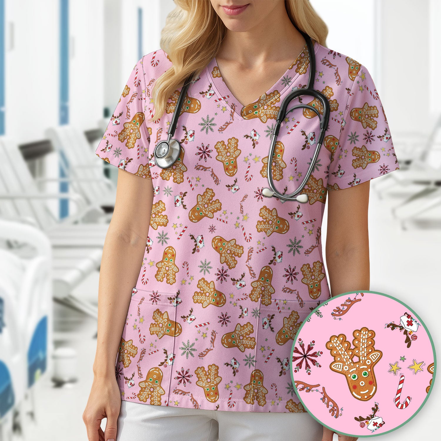 Gingerbread Cookies Reindeer Scrub Top - Funny Christmas Gingerbread Nursing Uniform - Comfortable Scrubs for Nurses