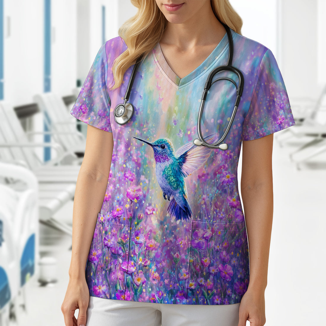 Watercolor Hummingbird with Purple Floral Garden Print Scrub Top, Comfortable Scrubs for Nurses