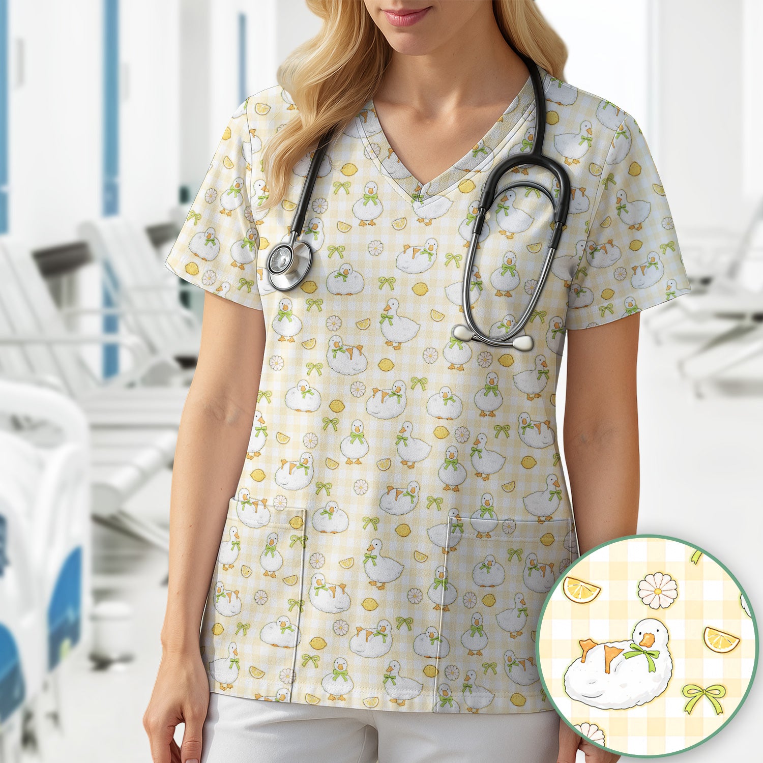Adorable Ducks Lemon Daisy Pattern Scrubs Top, Comfortable Scrubs for Nurses