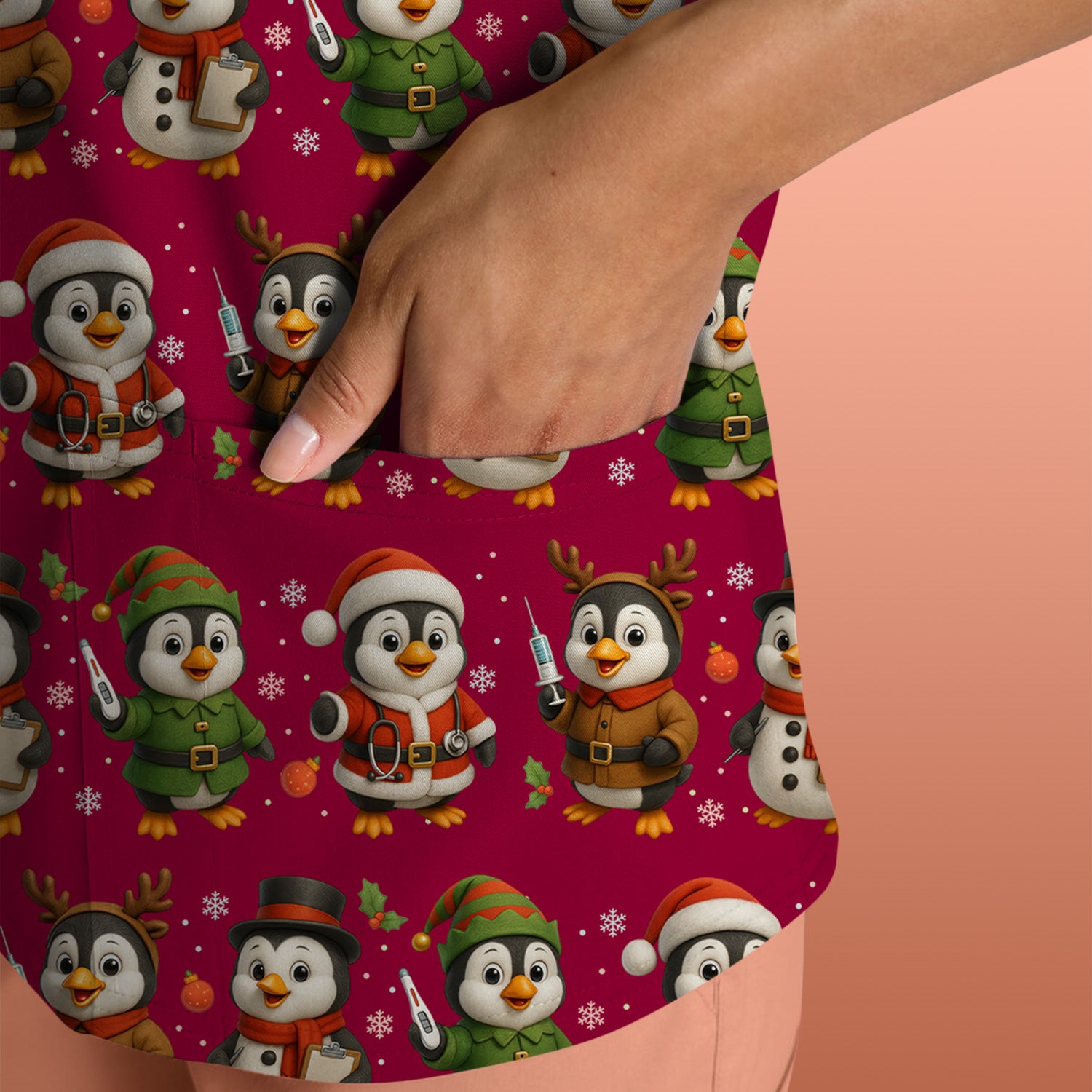 Cute Christmas Penguin Scrubs - Festive Pattern Scrub Top for Women - Cozy Holiday Scrubs Perfect for Nurse Gift Season