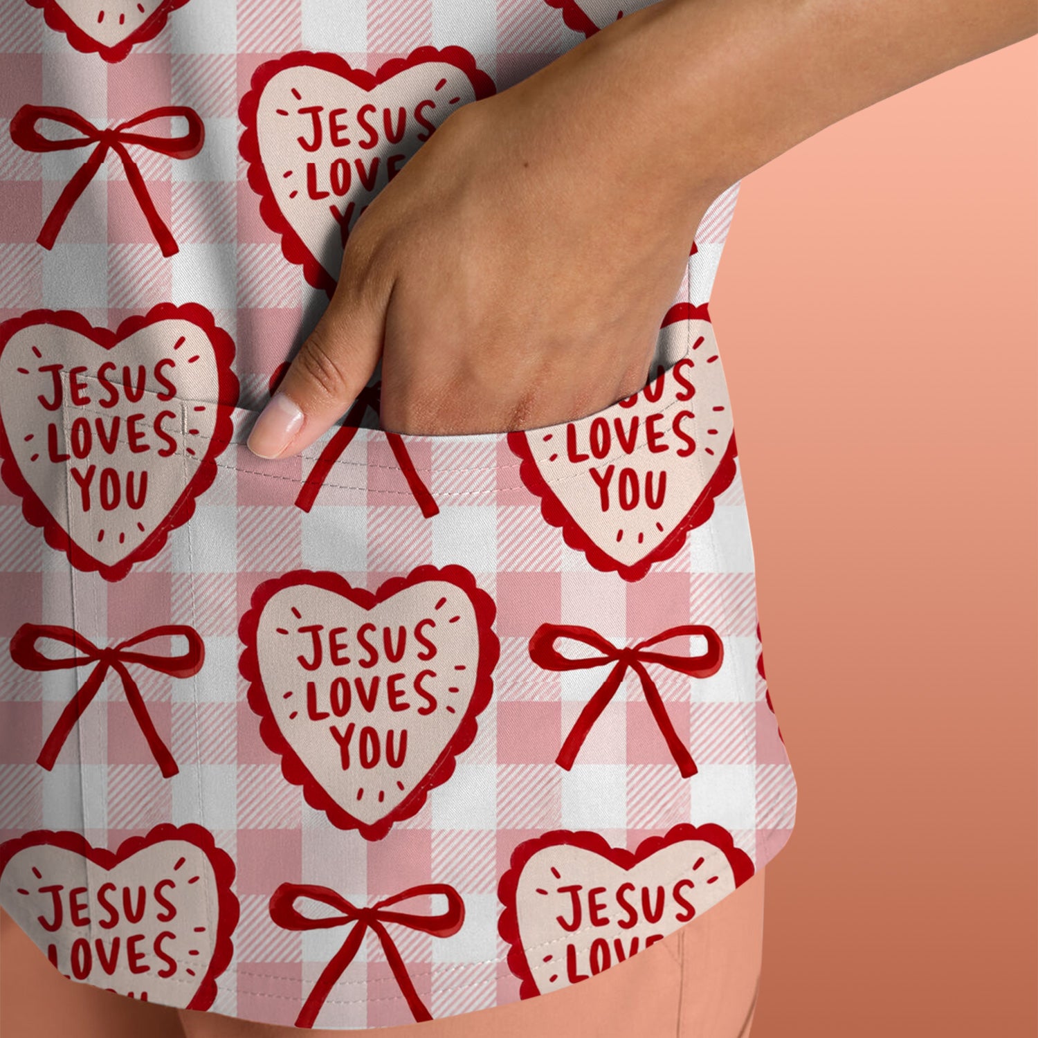Jesus Loves You Heart Plaid Print Scrub Top, Breathable Fabrics Nursing Uniform