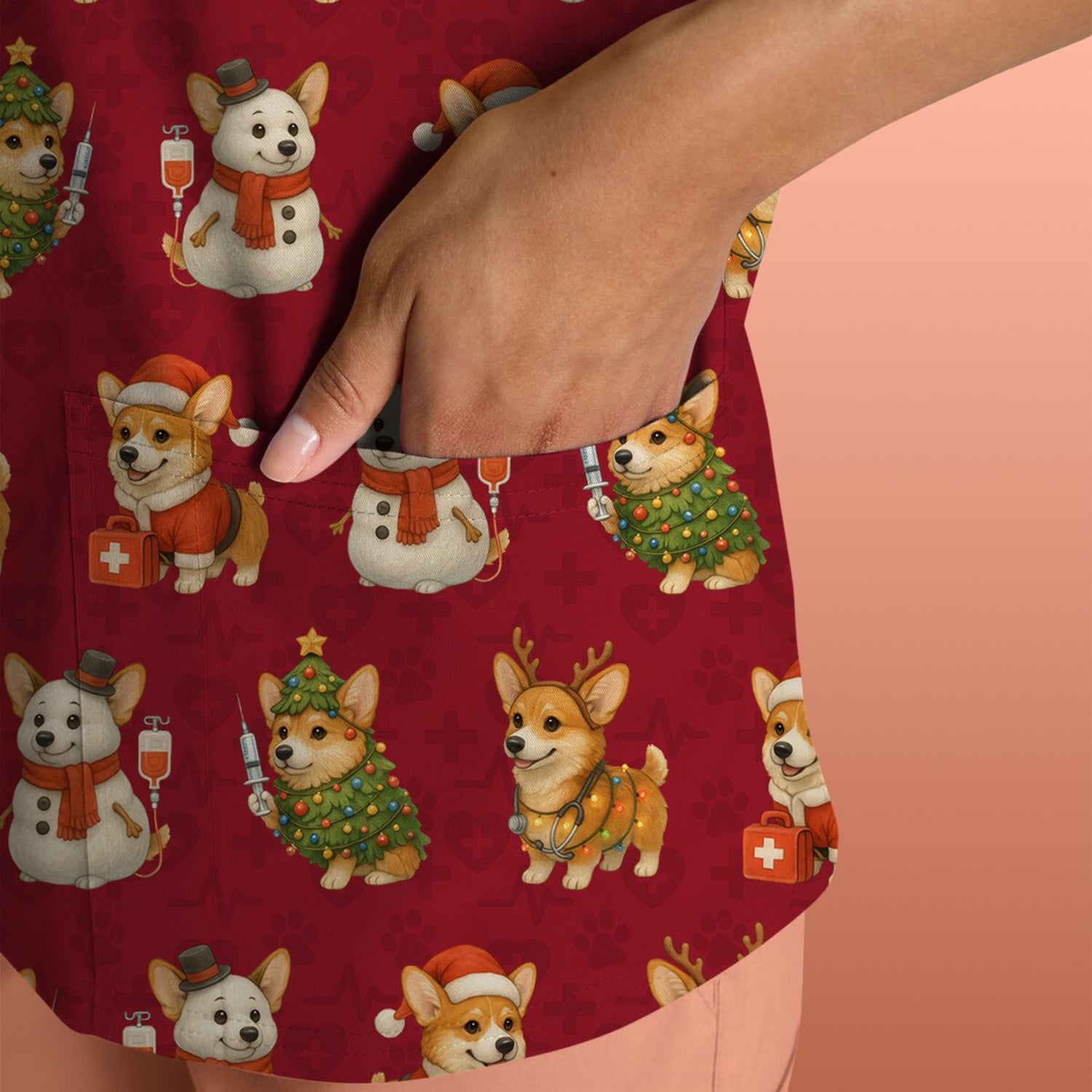 Cute Christmas Corgi Scrubs - Festive Pattern Scrub Top for Women - Cozy Holiday Nurse Scrubs Gift for Dog Lovers