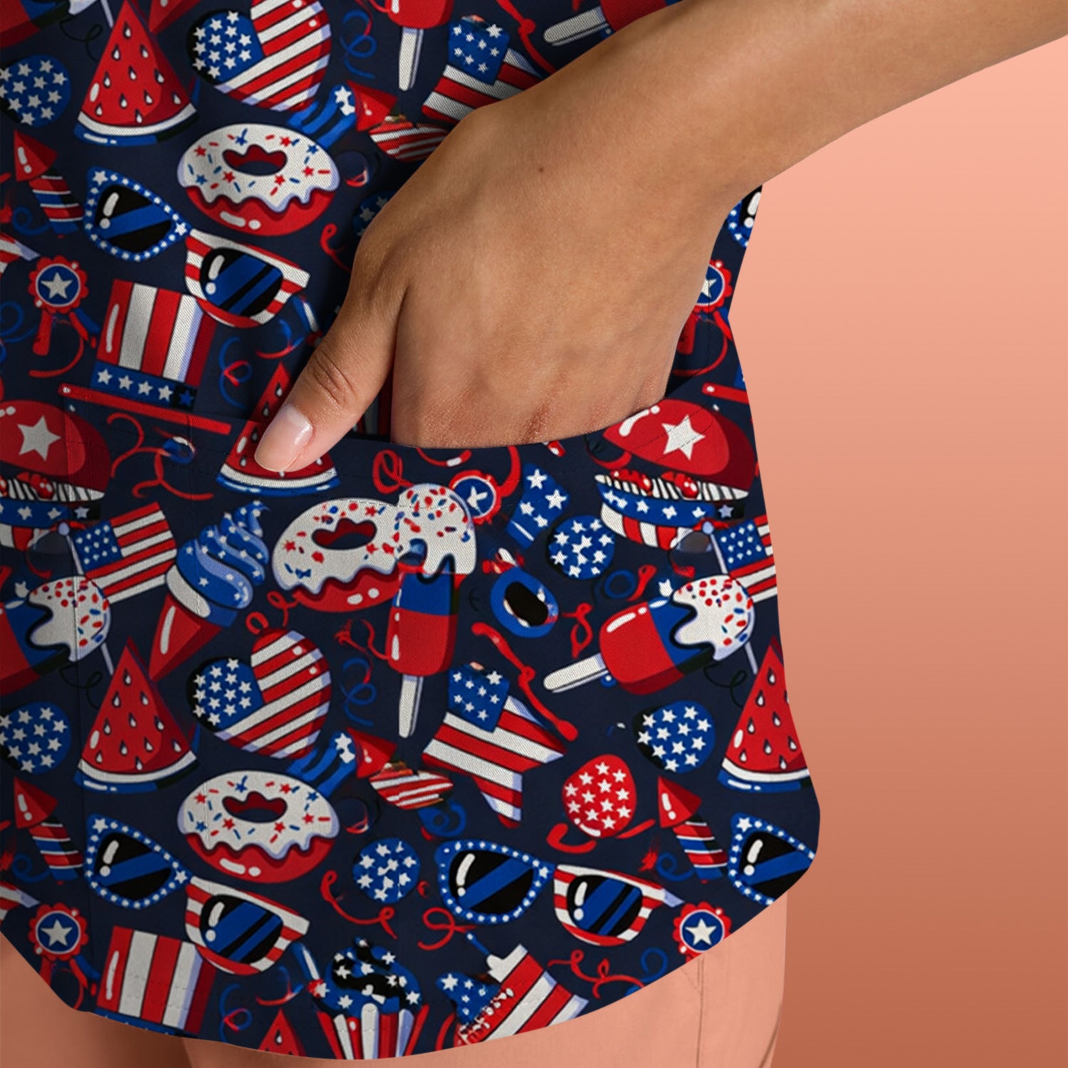 Cute Patriotic 4th of July Print V Neck Scrub Top for Nurses, Red Blue Medical Uniform