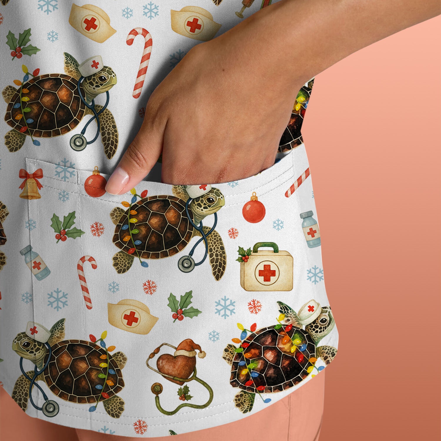 Funny Christmas Scrub Top - Sea Turtle with Xmas Lights Shirt - Holiday Nurse Scrubs for Women