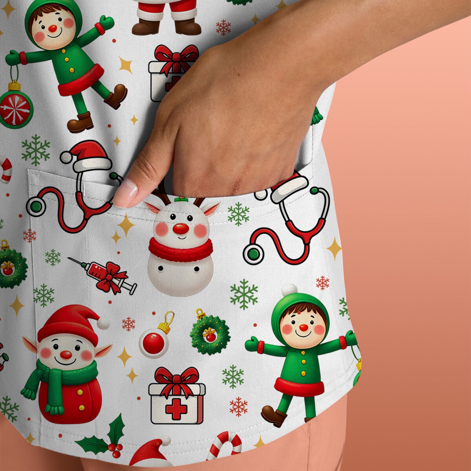 Santa Christmas Scrub Top - Cute Holiday Nurse Medical Shirt - Festive Reindeer Med Uniform for Women RN CNA LPN