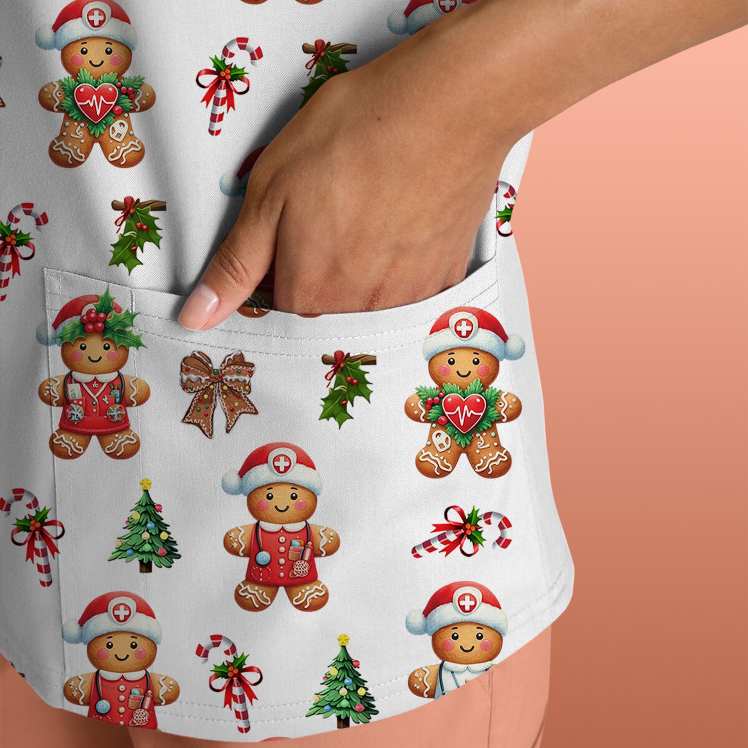 Funny Christmas Scrub Top for Nurse - Adorable Gingerbread Candy Cane Bow- Festive Medical Uniform for Women