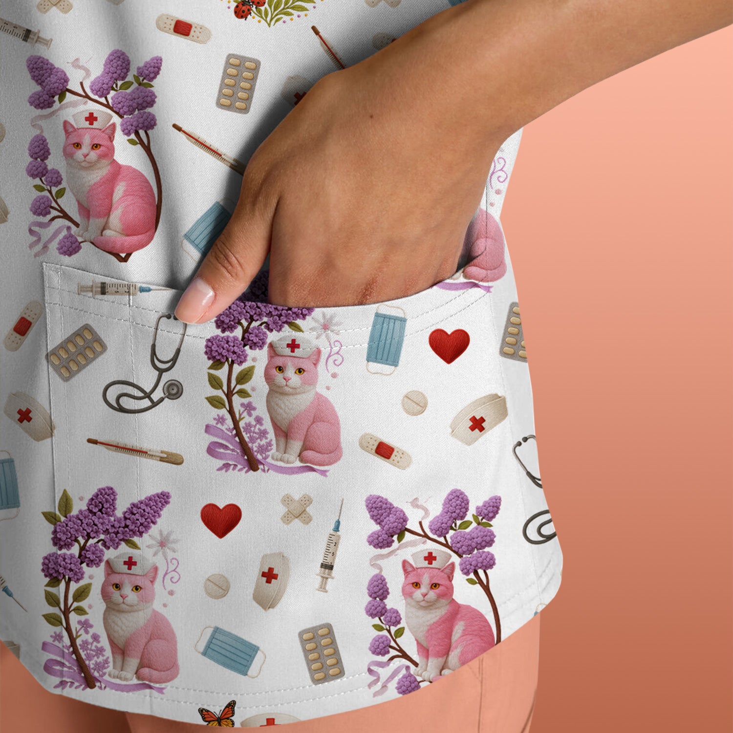 Pink Cat Print Medical Scrub Top - Cute Nurse Shirt for Women - Funny Pattern Gift for RN LPN CNA Healthcare Workers