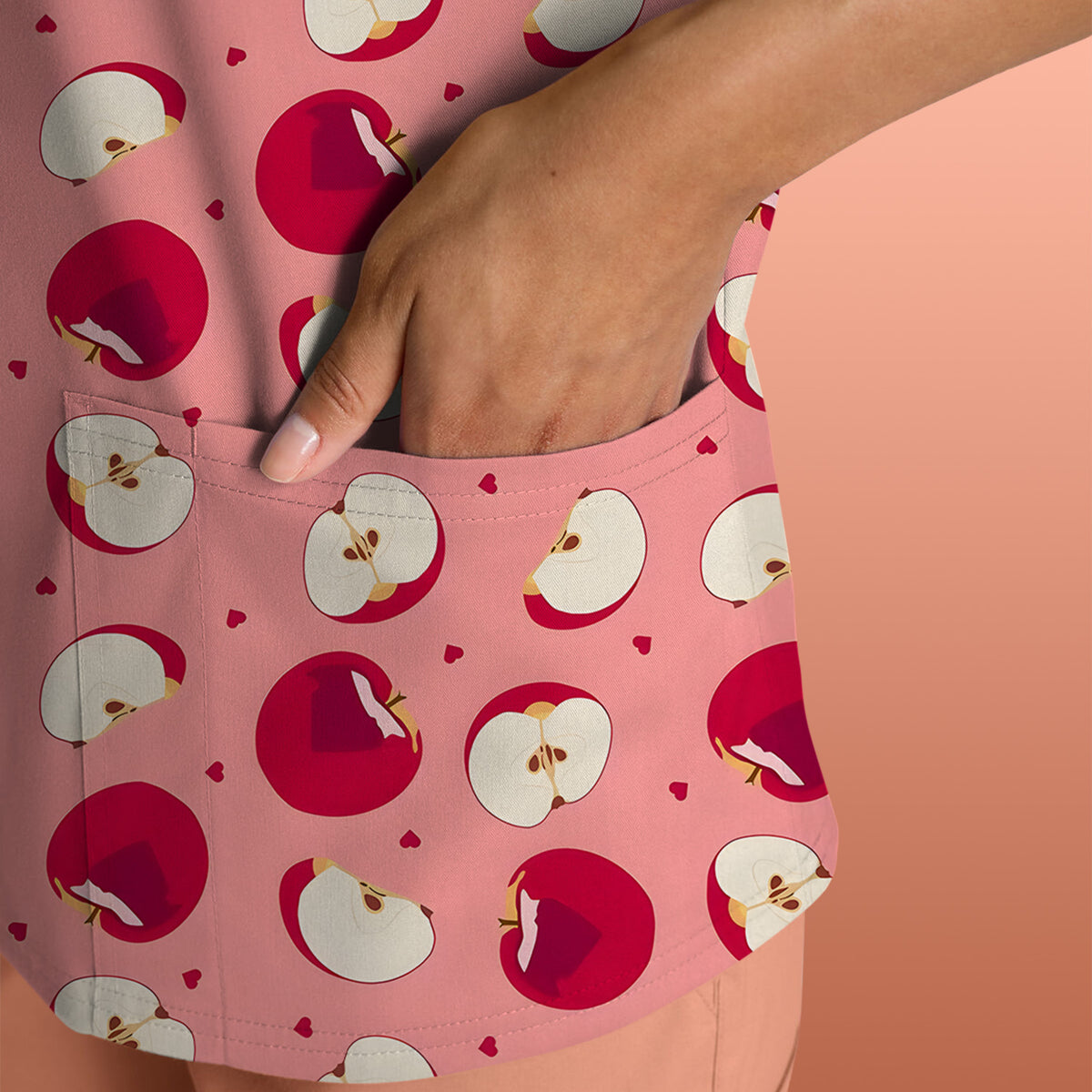 Cute Red Apple Fruit Pattern Scrubs Top, Comfortable Scrubs for Nurses