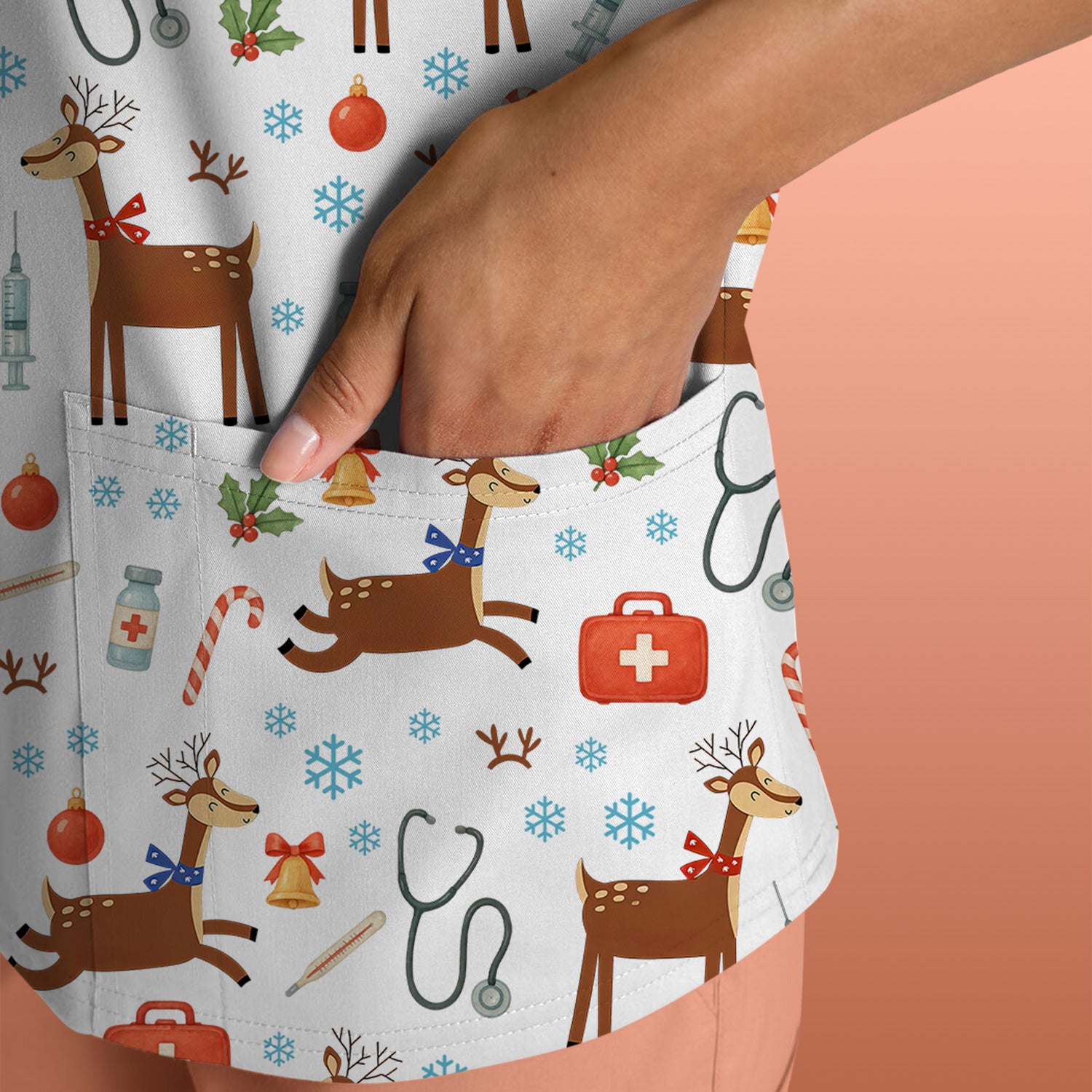 Christmas Reindeer Scrub Top for Nurses - Cute Reindeers Snowflakes Candy Canes Shirt - Comfortable Med Uniform