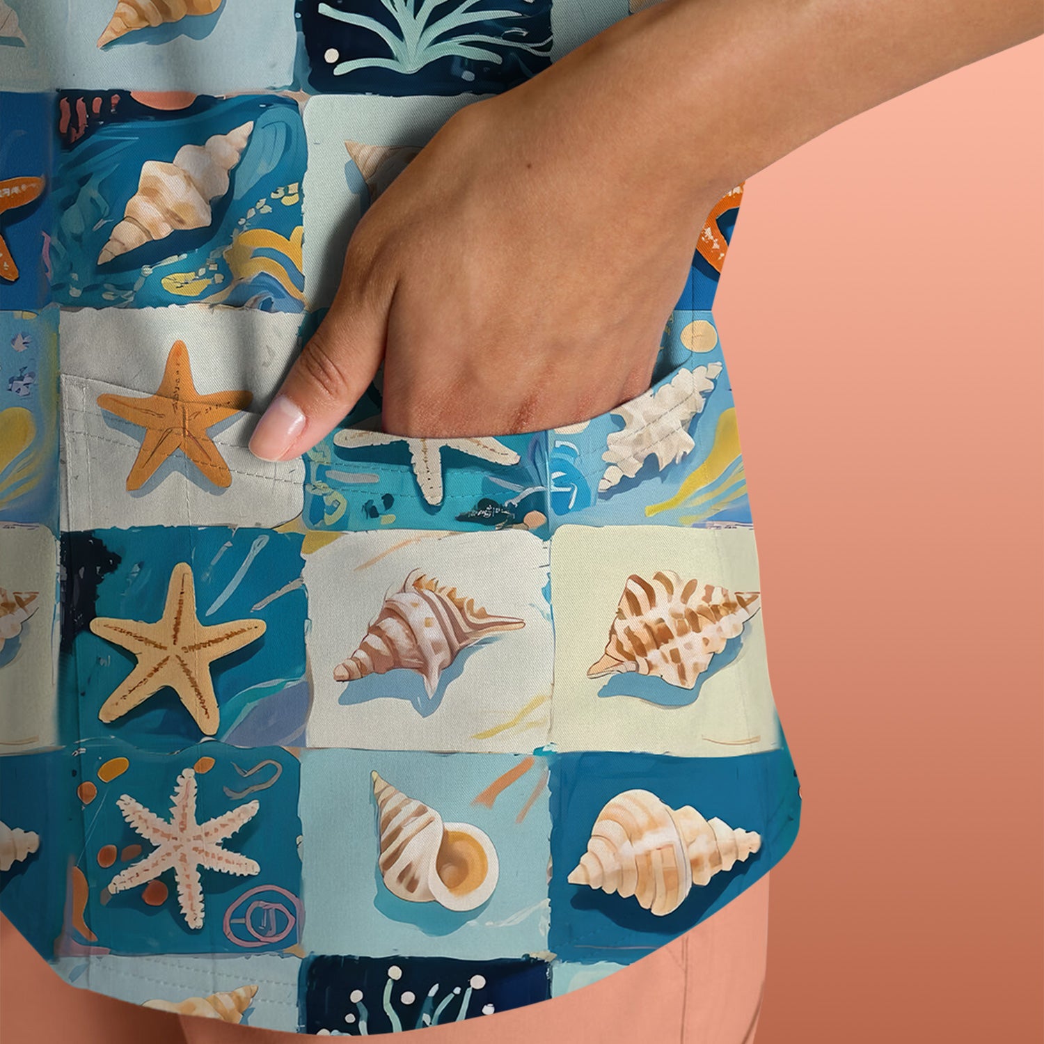 Cute Seashell Starfish Ocean Tile Pattern Scrub Top, Comfortable Scrubs for Nurses