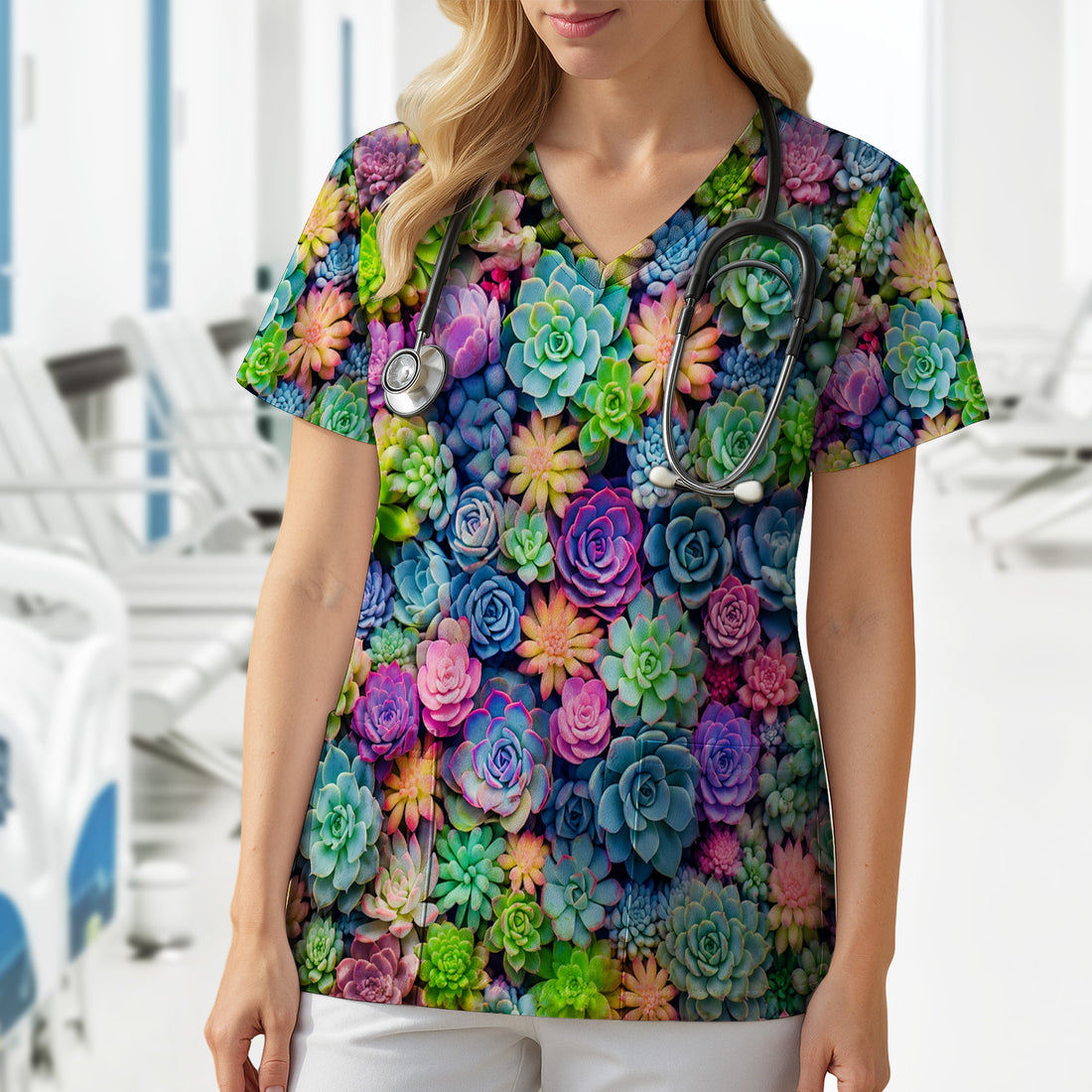 Cute Nurse Scrub Top Boho Succulent Flower Pattern Scrub Top, Comfortable Scrubs for Nurses