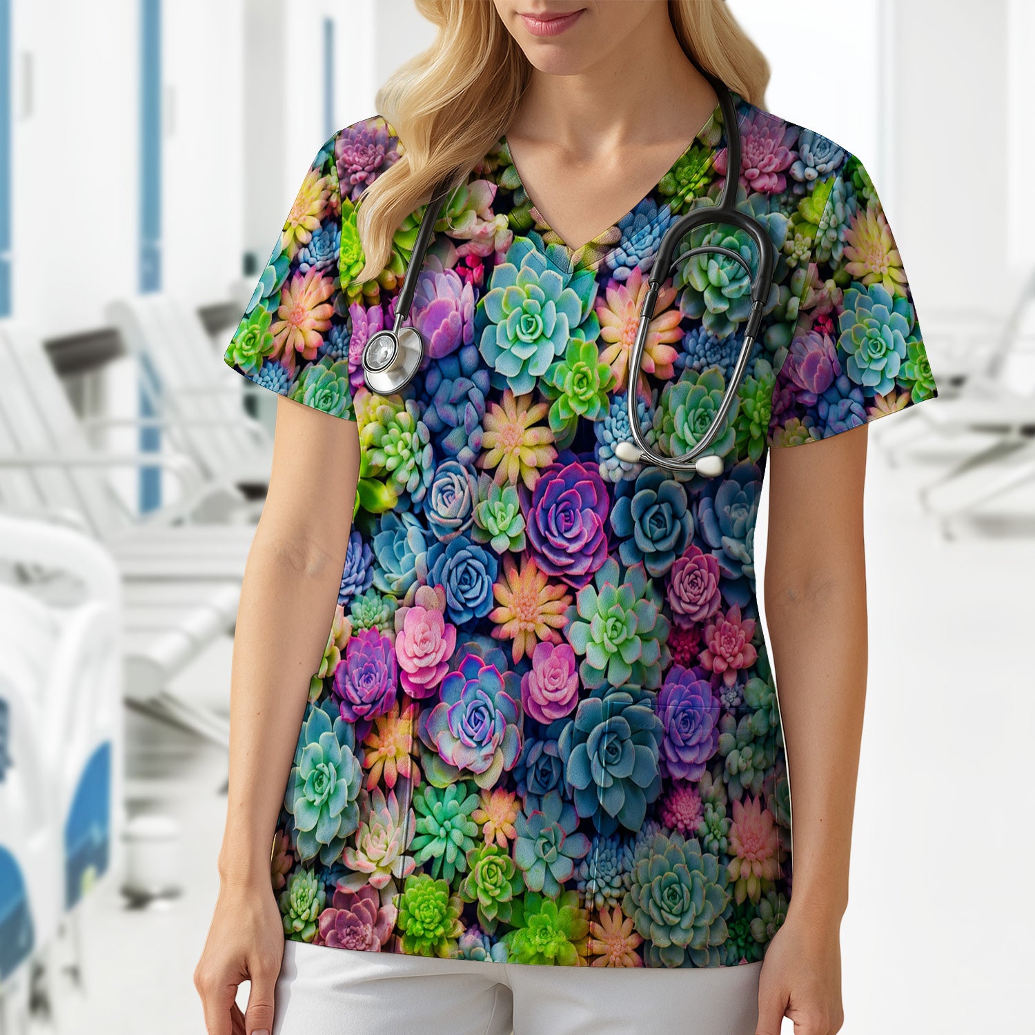 Cute Nurse Scrub Top Boho Succulent Flower Pattern Scrub Top, Comfortable Scrubs for Nurses
