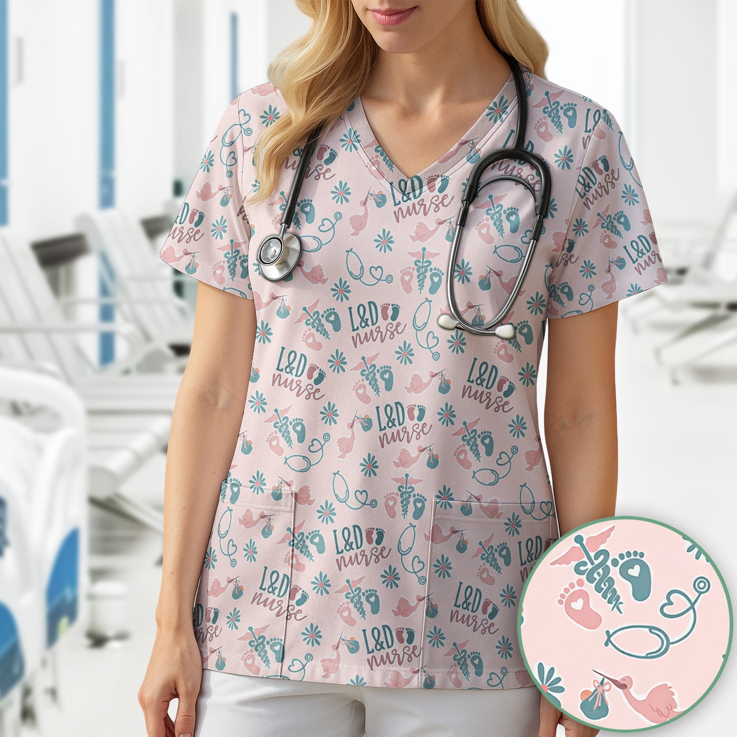 Cute Labor and Delivery Print V Neck Nursing Scrub Top Medical Uniform