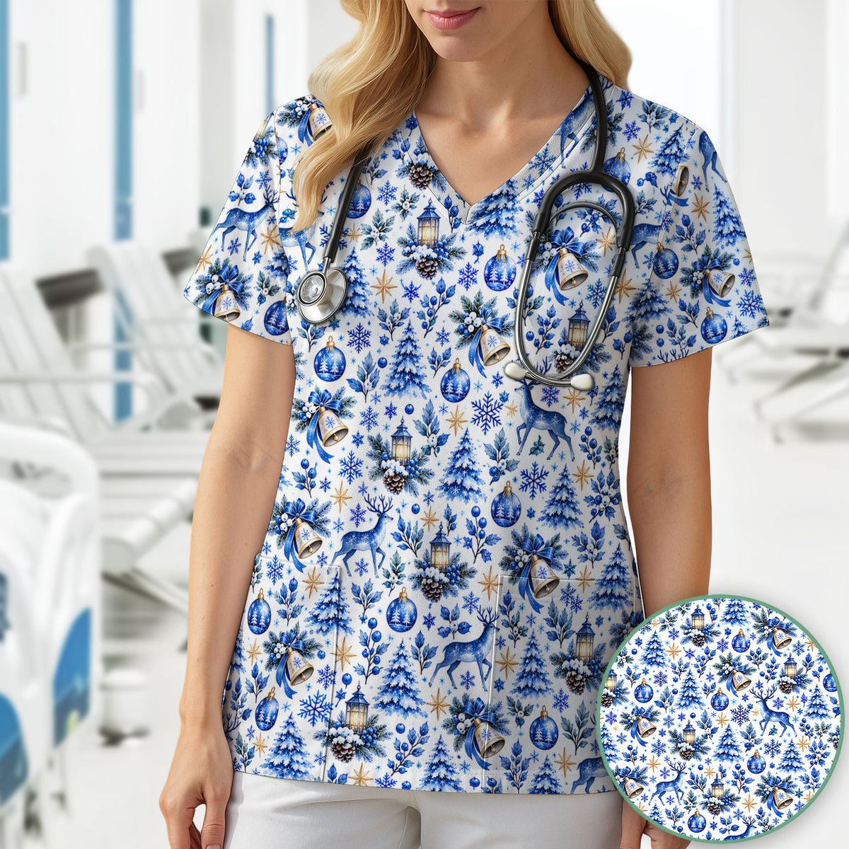 Blue Christmas Reindeer And Winter Trees Scrub Top, Comfortable Scrubs for Nurses