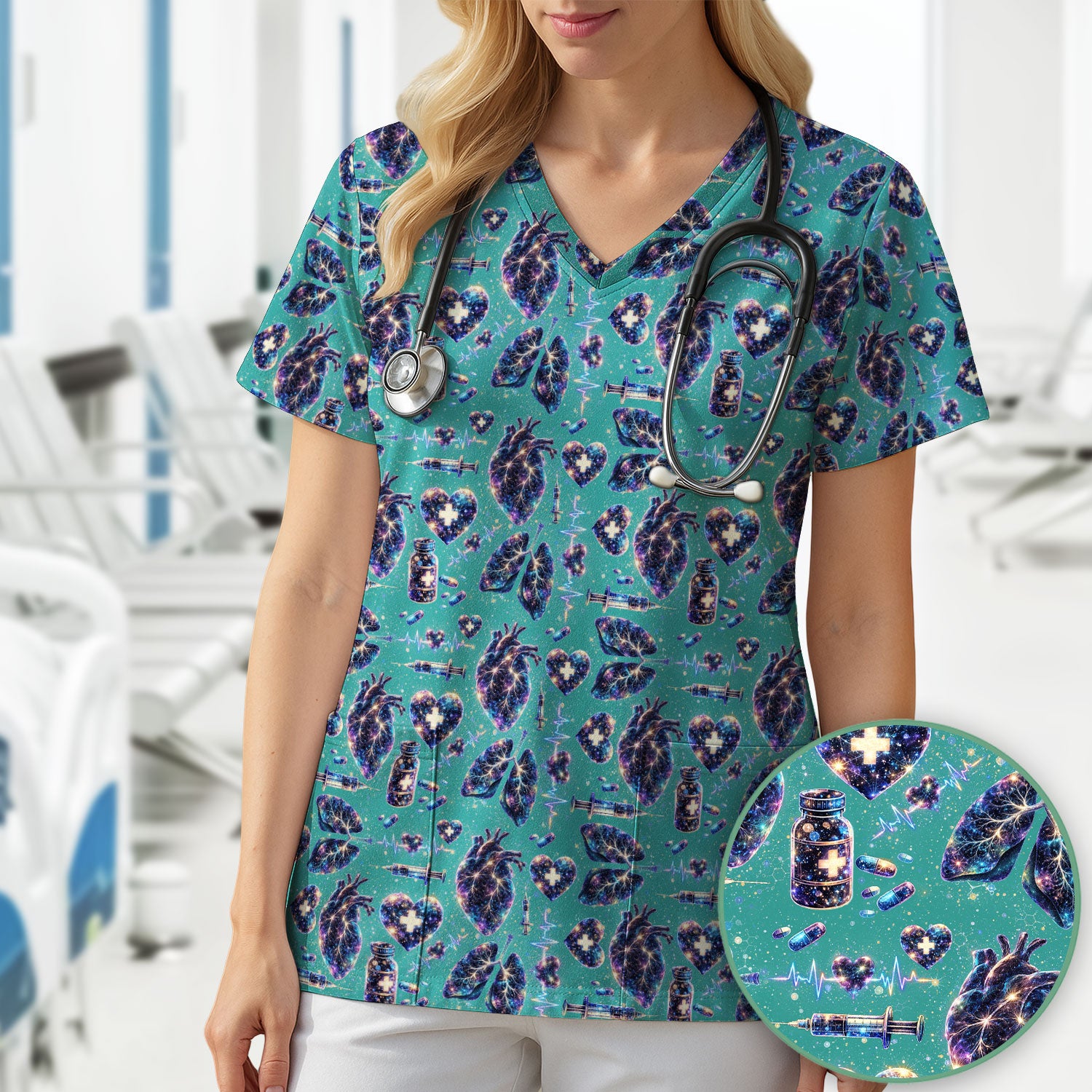 Galaxy Anatomical Heart Lung Syringe Print Scrub Top, Breathable Fabrics Nursing Uniform