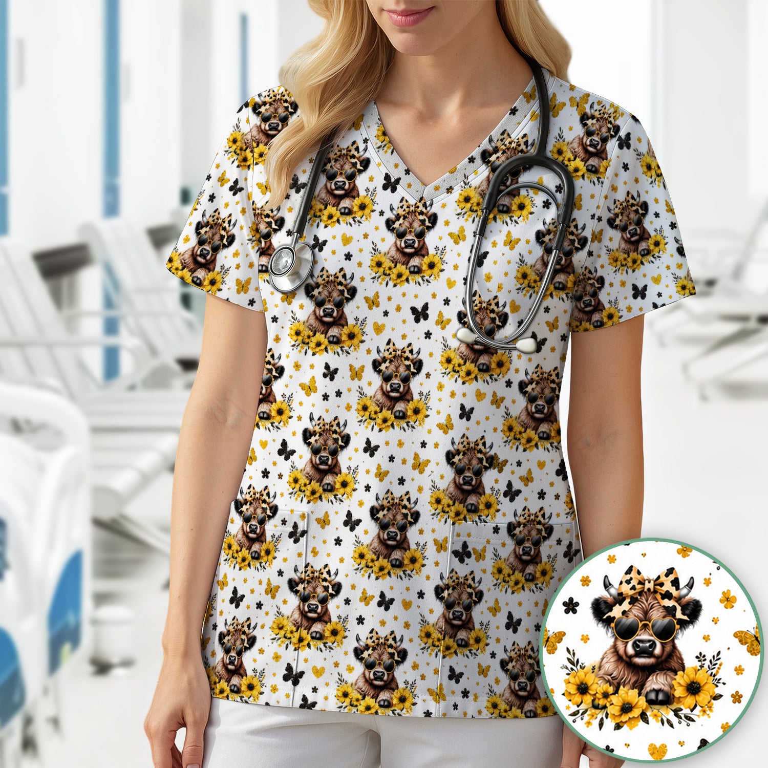 Sassy Highland Cow Sunflower Pattern Scrub Top, Comfortable Scrubs for Nurses