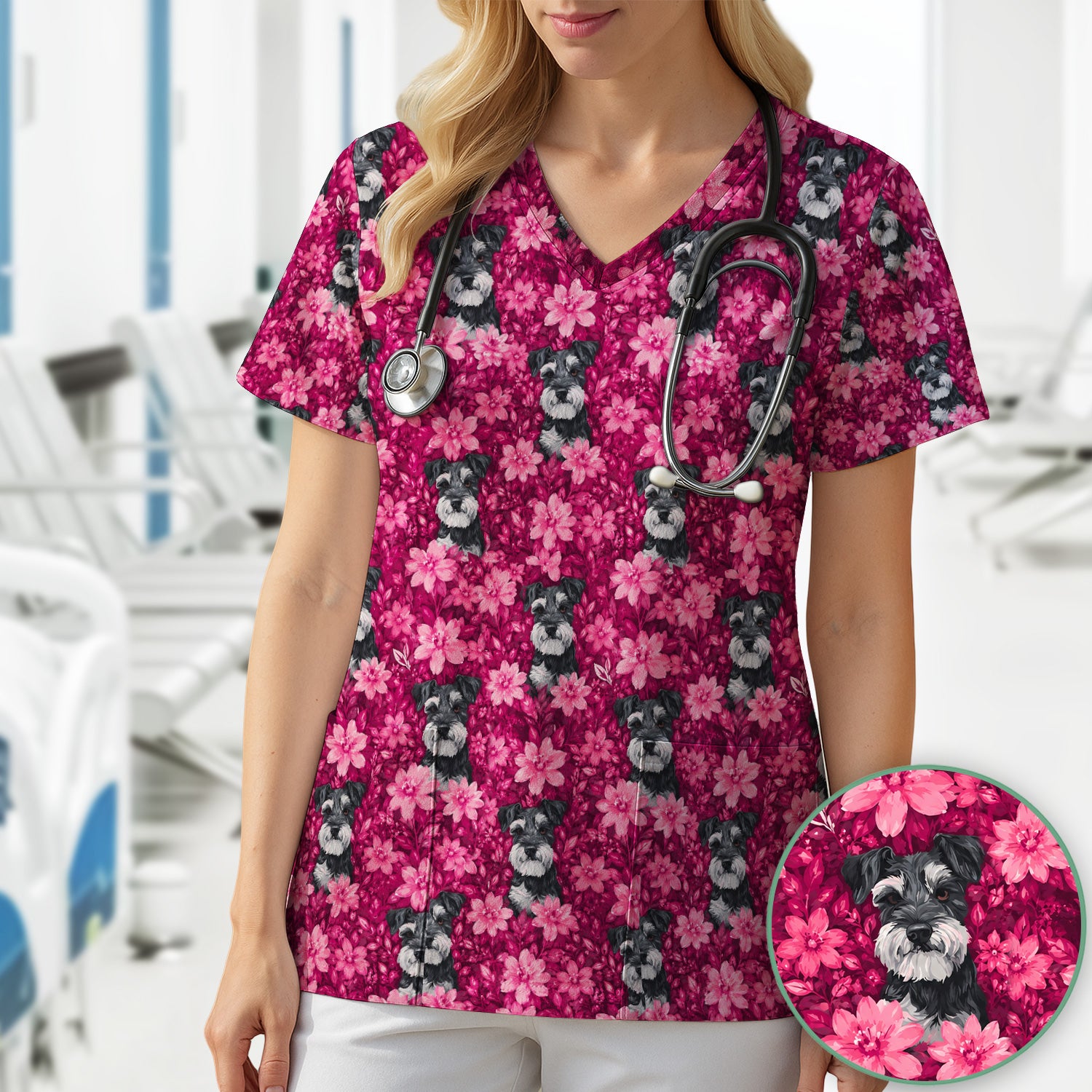 Pink Floral Schnauzer Pattern Scrub Top, Comfortable Scrubs for Nurses
