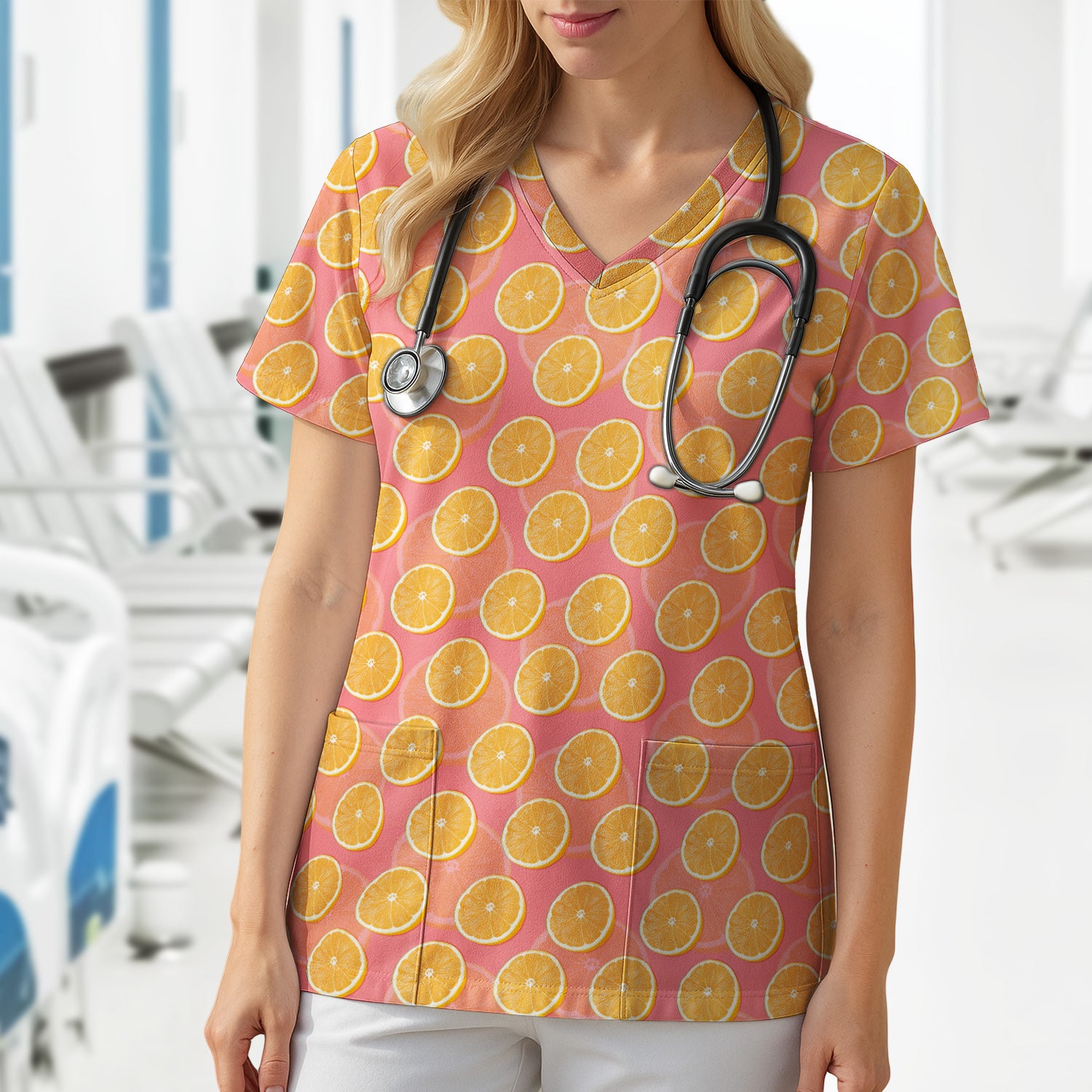 Fresh Orange Slice Pattern Scrub Top, Comfortable Scrubs For Nurses