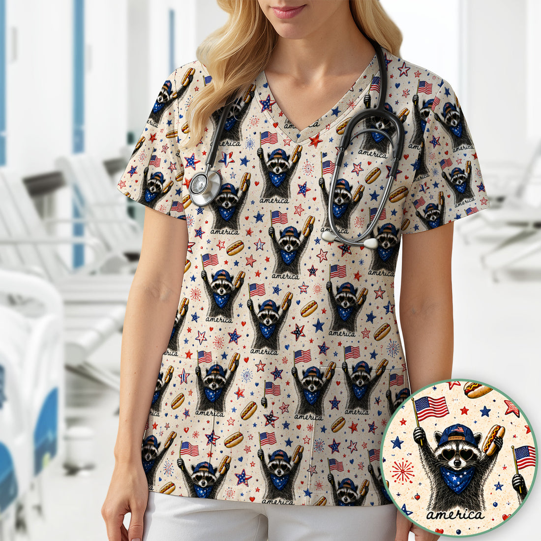 Patriotic Raccoon America Hotdog Pattern Scrub Top, Comfortable Scrubs for Nurses