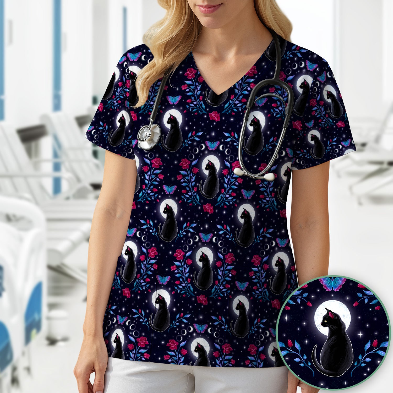 Black Cat Moon Rose Print Scrub Top, Comfortable Scrubs for Nurses