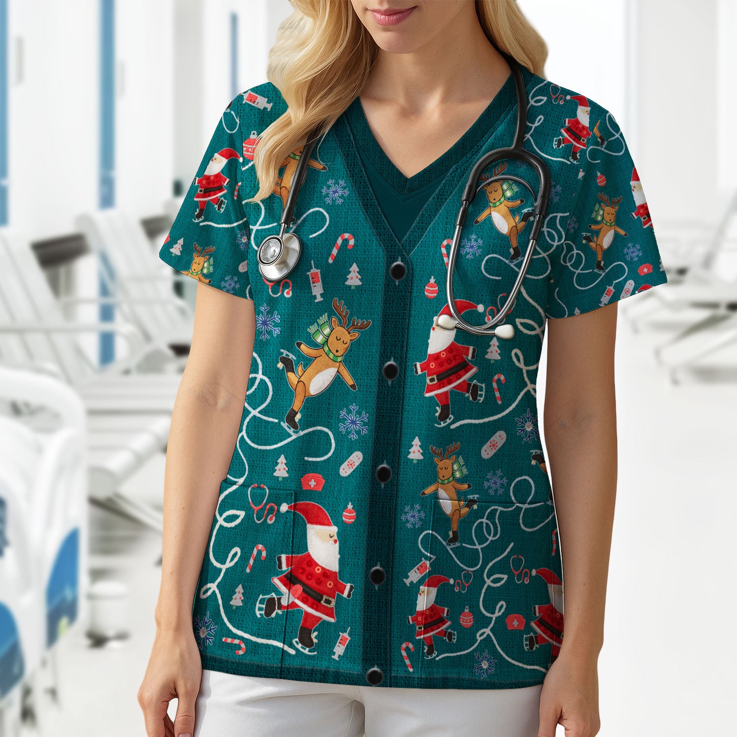 Christmas Reindeer Santa Nurse Scrub Top, Cute Holiday Medical Uniform Shirt for Women