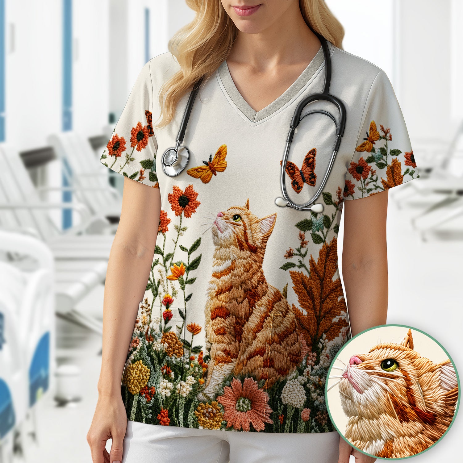 Embroidered Orange Cat Wildflower Pattern Scrub Top, Comfortable Scrubs for Nurses