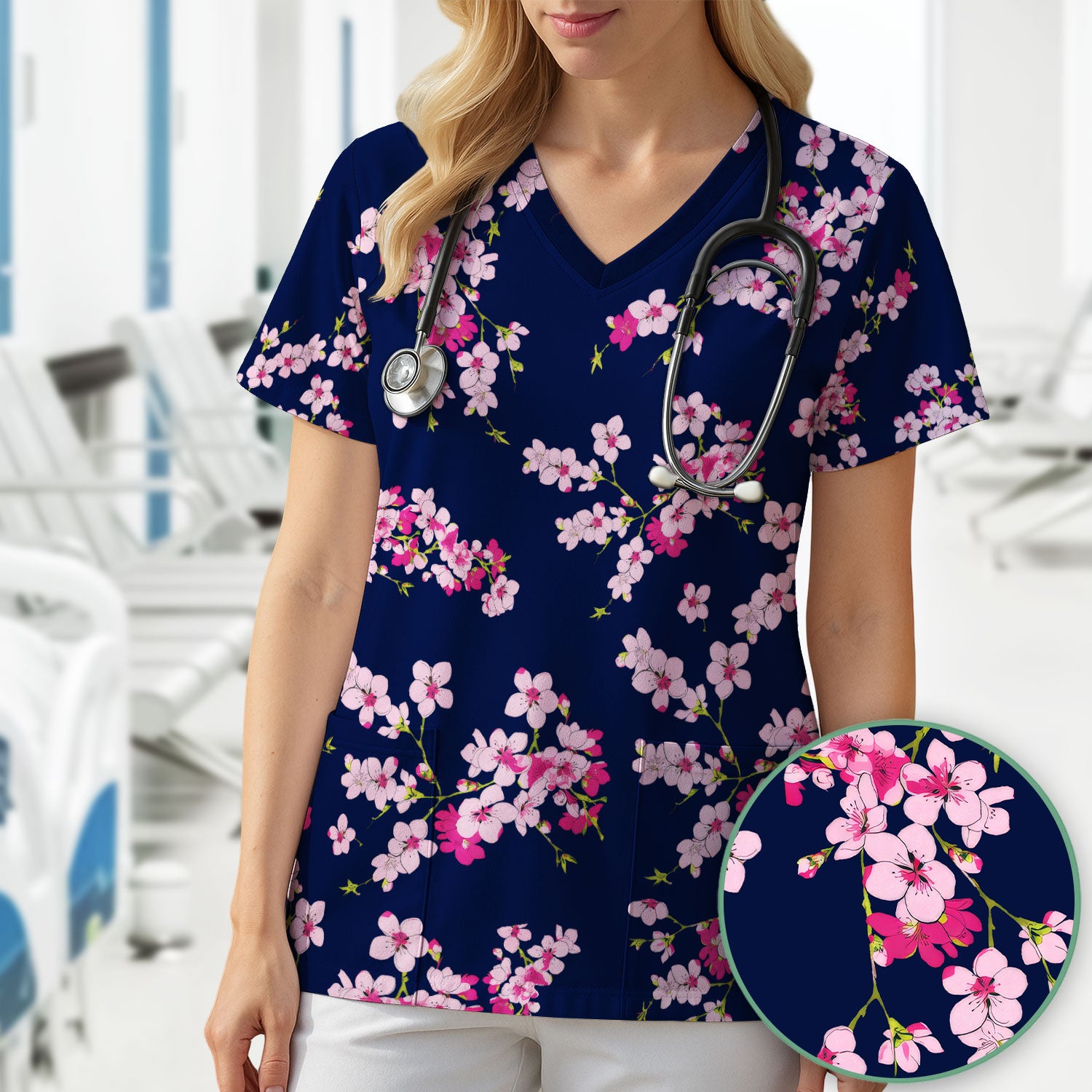Elegant Cherry Blossom Floral Pattern Srubs, Comfortable Scrubs for Nurses