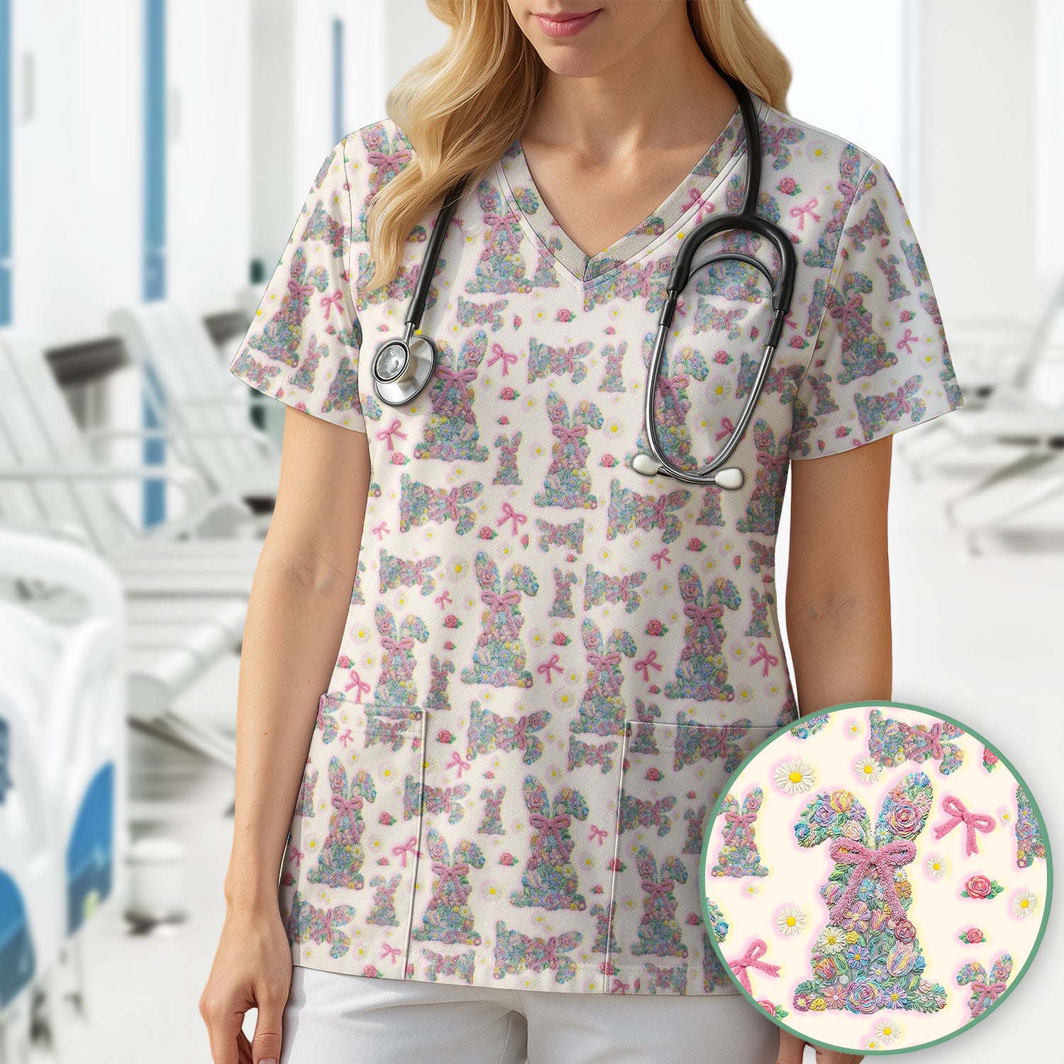 Colorful Floral Bunny with Pink Bow Pattern Scrub Top, Breathable Fabrics Nursing Uniform, Easter